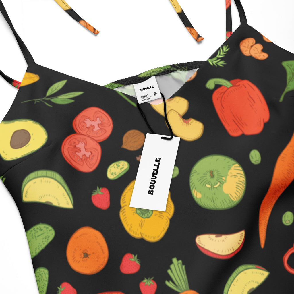 Women’s vegetable and fruit slip dress midi black spaghetti strap top with vibrant colorful fruit and vegetable pattern