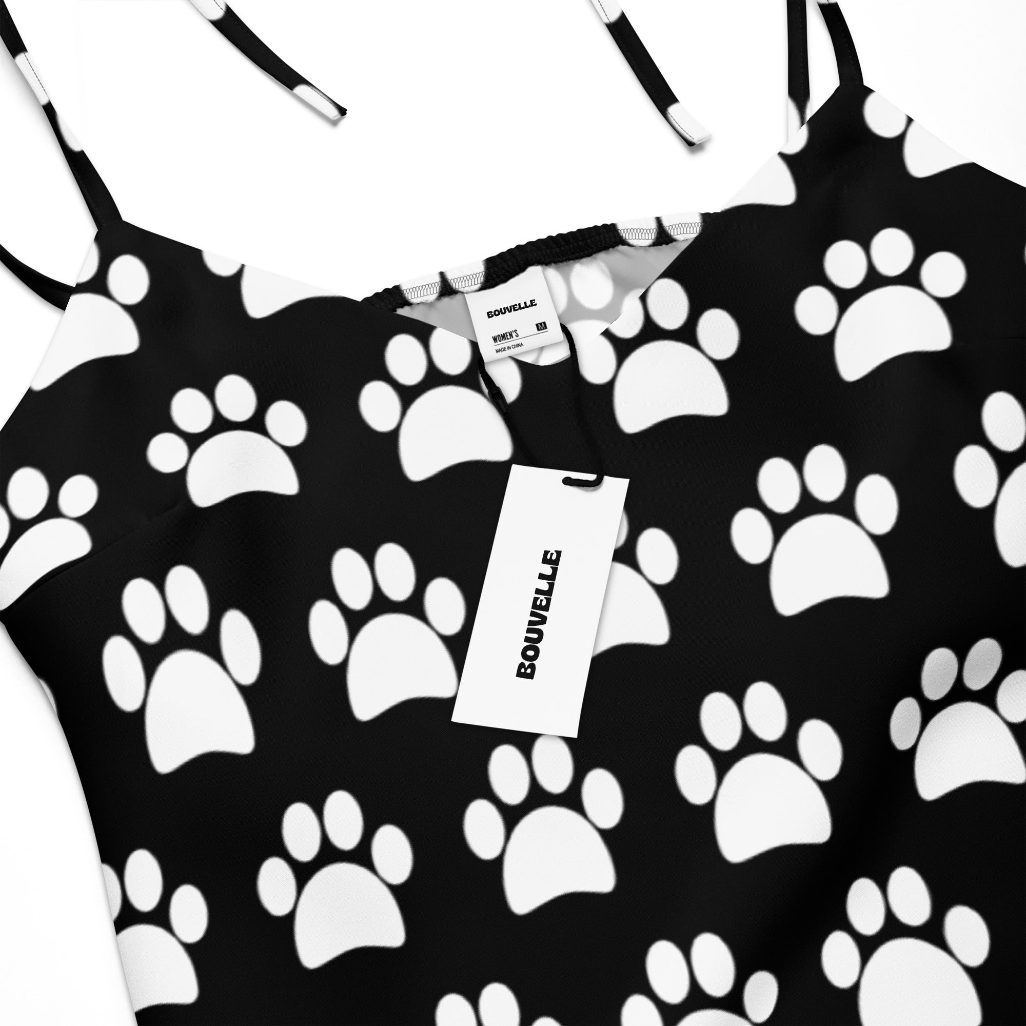 Women’s black and white paw print slip midi dress by bouvelle with adjustable tie straps and built-in bra