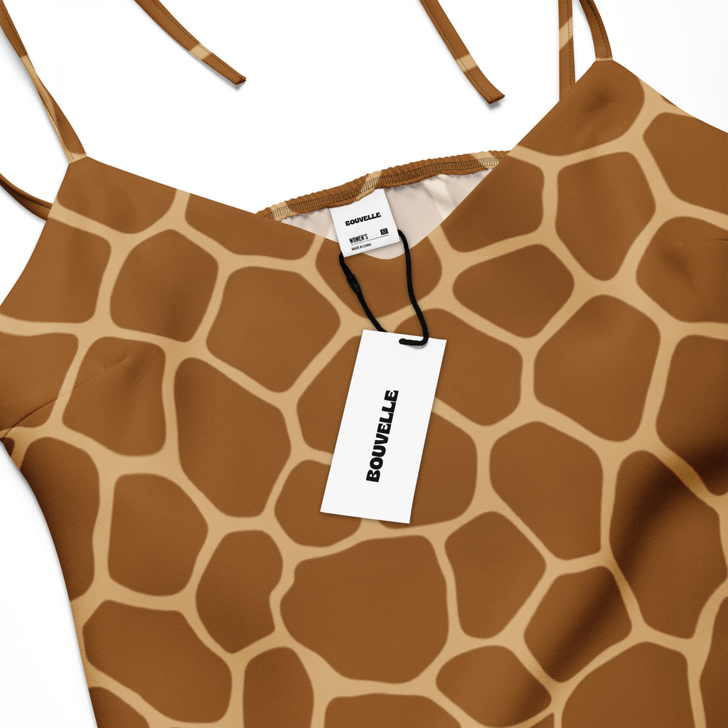 Women’s giraffe print slip dress midi dress in tan and brown satin fabric with adjustable tie straps and bouvelle label