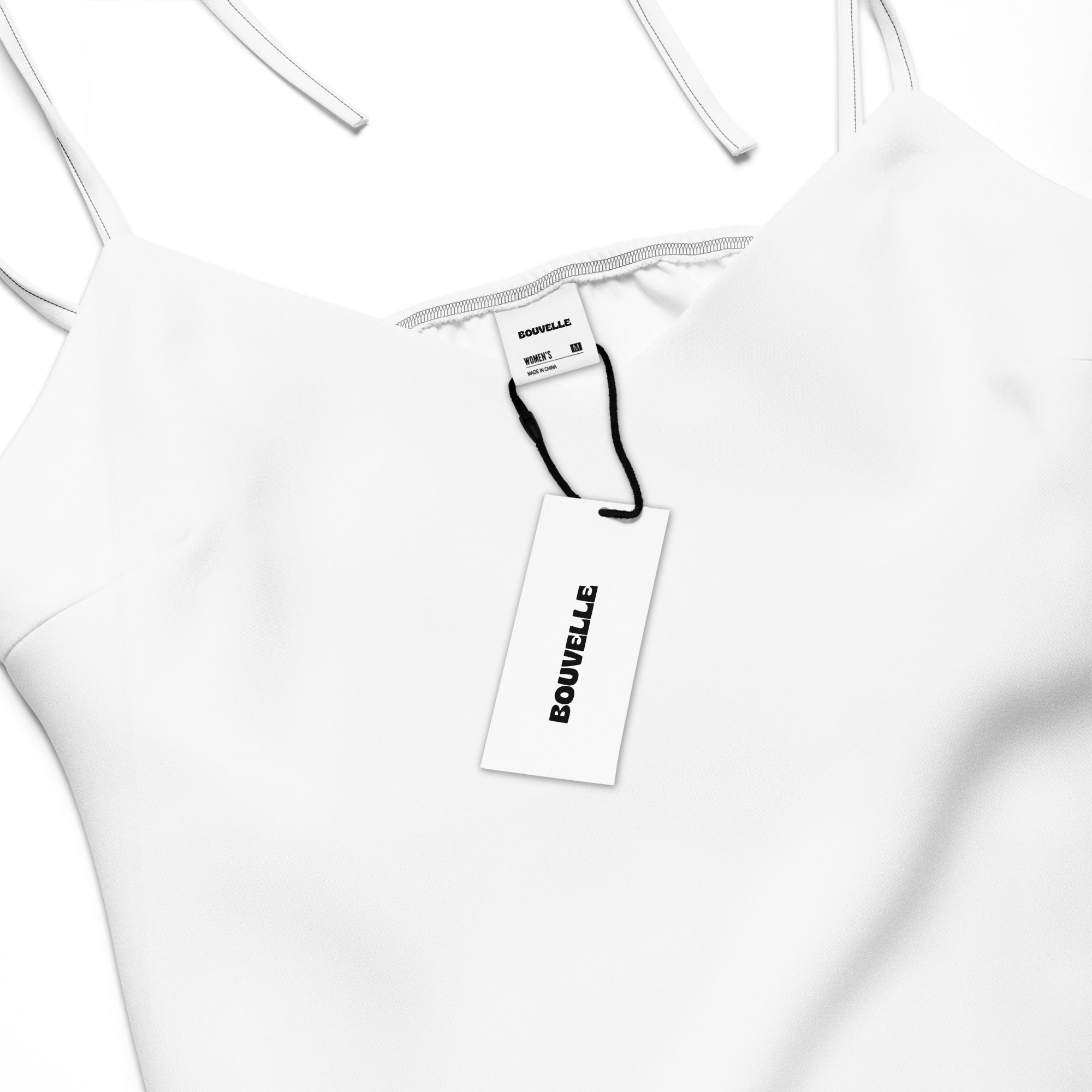 Women’s white slip dress midi with adjustable tie straps built in bra smooth fabric minimalist design