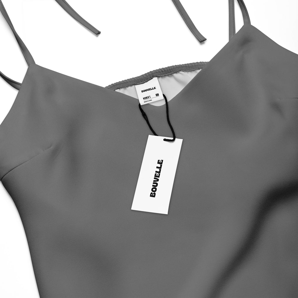 Women's Gray Slip Dress - Midi Dress With Adjustable Tie Straps & Built In Bra, close up