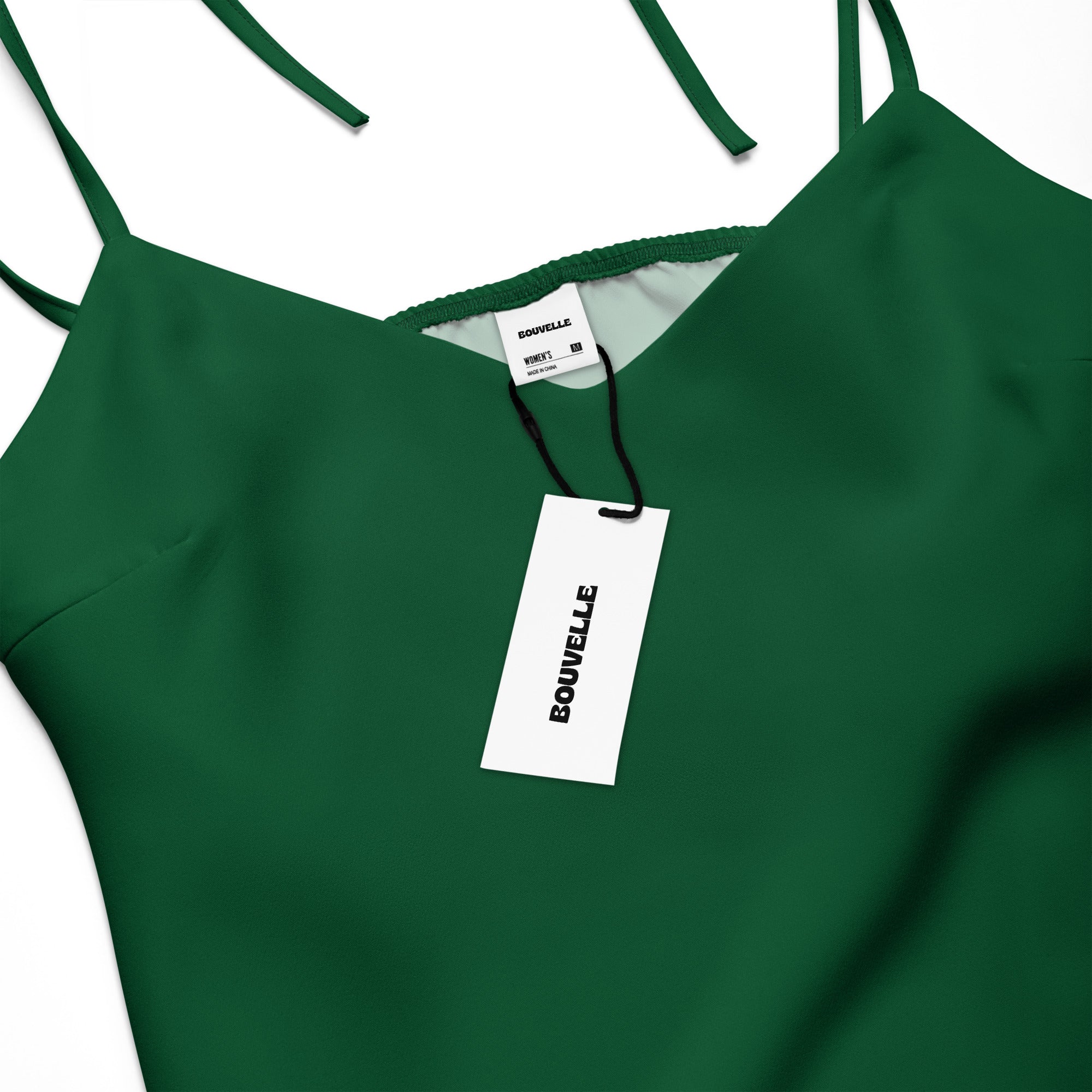 Bouvelle women's dark green slip dress, midi length with adjustable tie straps and built-in bra, tag visible