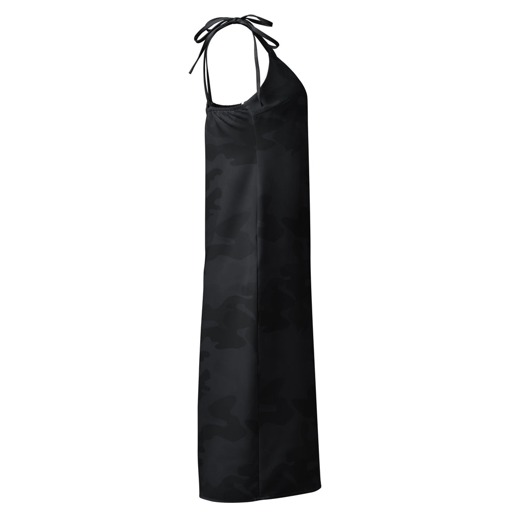 Women’s black satin halter midi slip dress with sleek flowing silhouette and adjustable tie-back straps shown from back