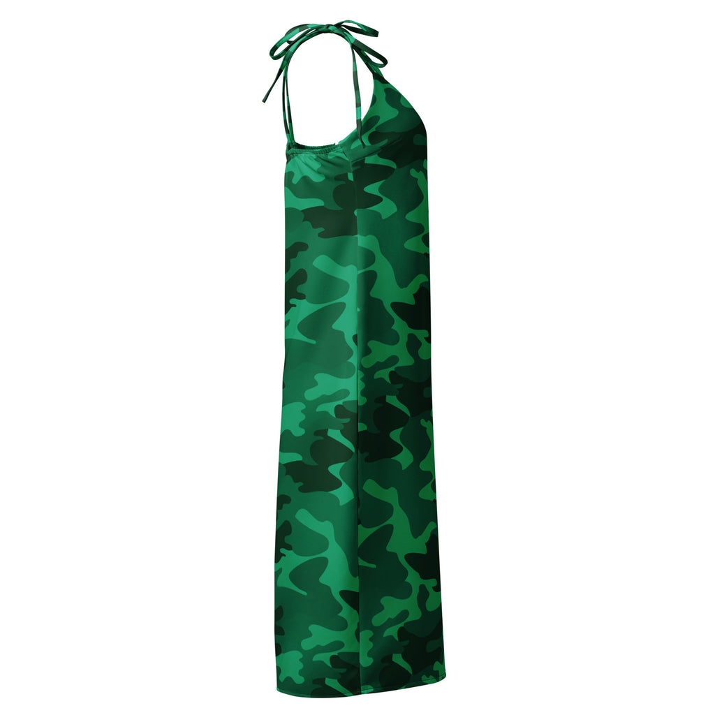 A flowing green camouflage halter midi slip dress with satin finish and adjustable tie straps with built in bra