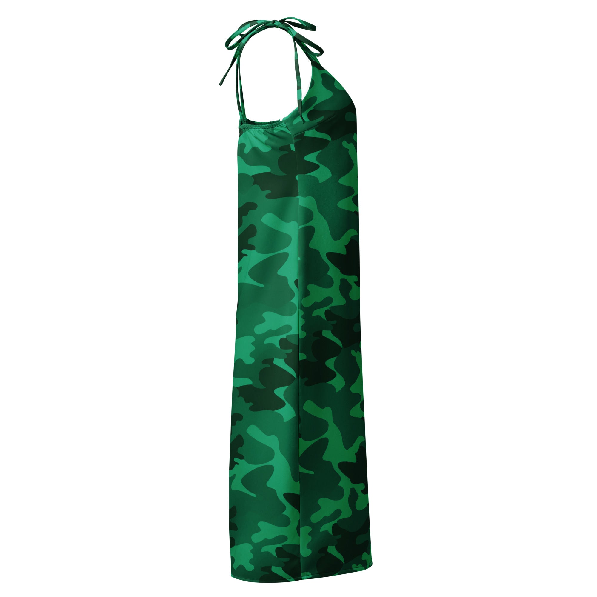 A flowing green camouflage halter midi slip dress with satin finish and adjustable tie straps with built in bra