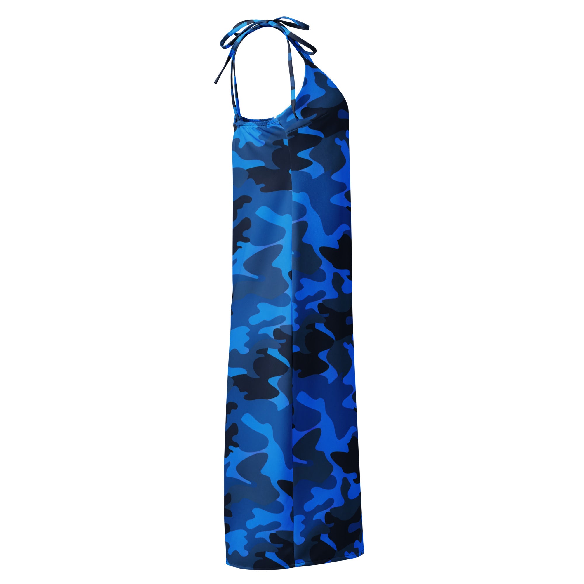 Women’s blue camouflage slip dress midi dress with adjustable tie straps built in bra flowing lightweight fabric