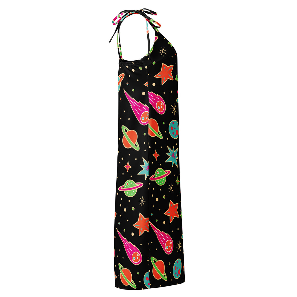 Women’s black halter neck maxi dress with vibrant cartoonish neon space print and adjustable tie straps and built in bra