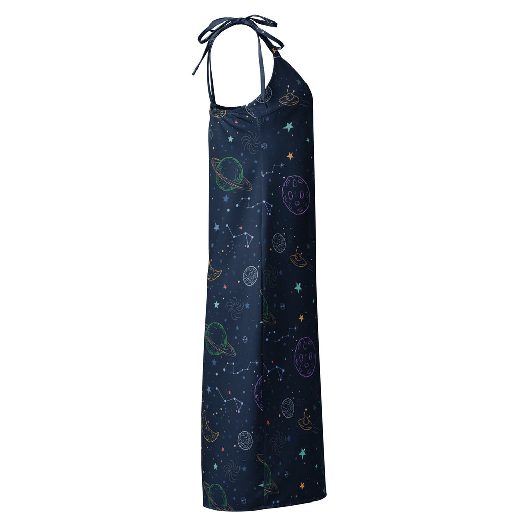 Dress with space-themed pattern on a white background