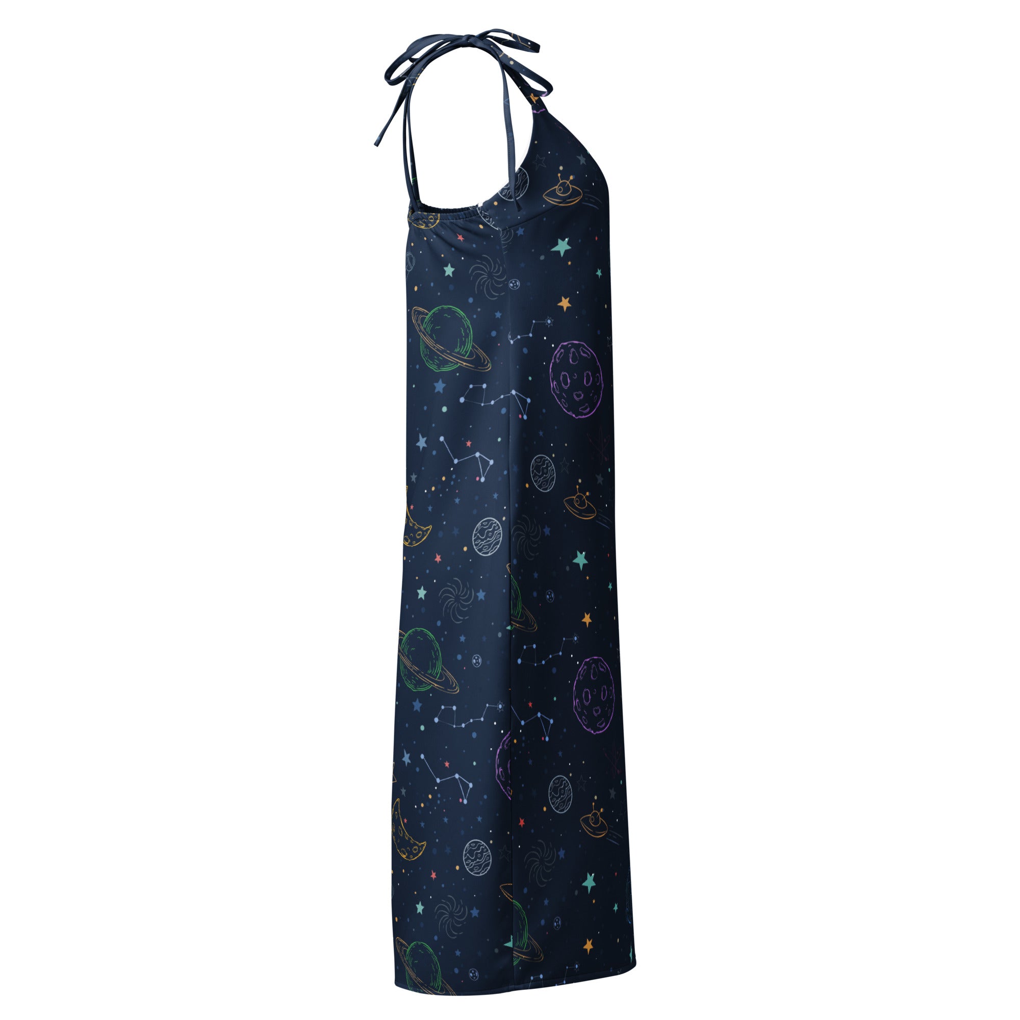Dress with space-themed pattern on a white background