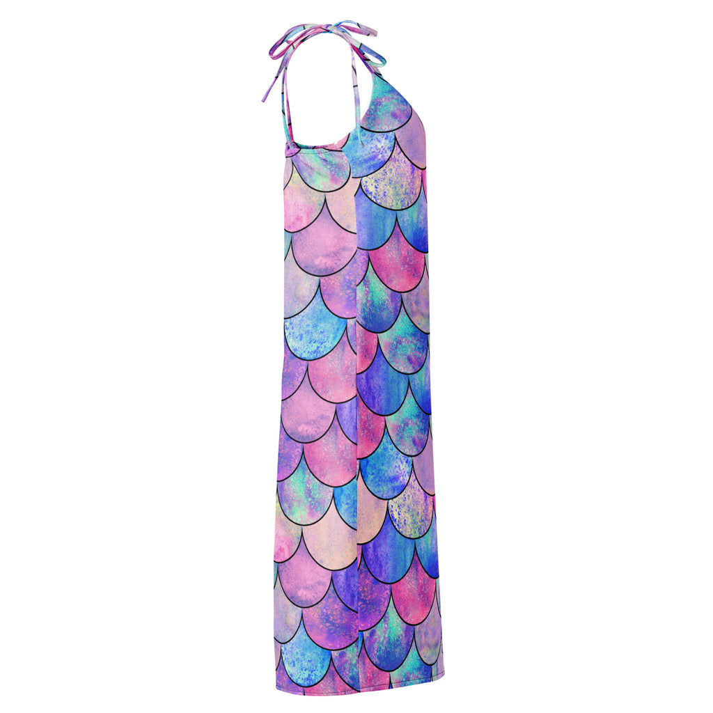 A vibrant women’s pastel mermaid slip midi dress with adjustable tie straps and built in bra in pink blue and purple hues