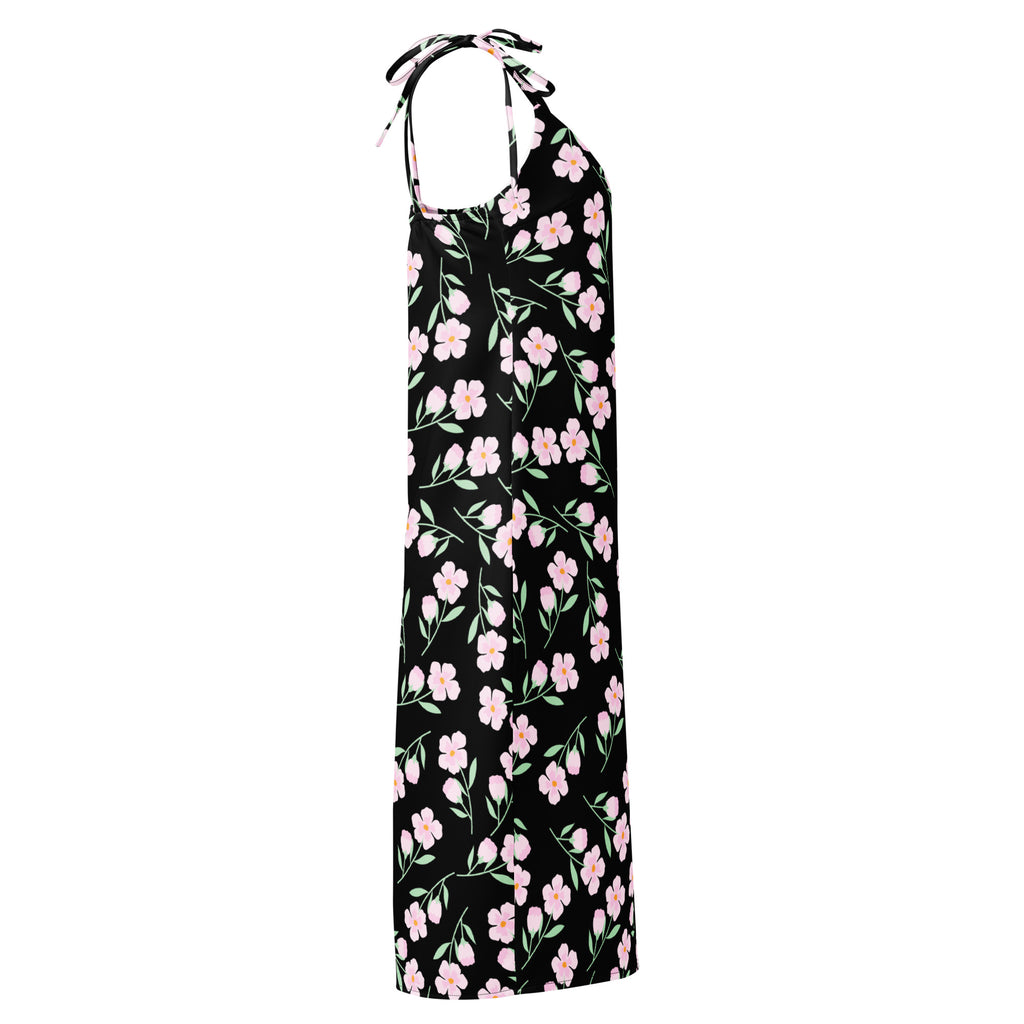 Women’s black floral slip dress midi dress with adjustable tie straps and built in bra in pink floral pattern