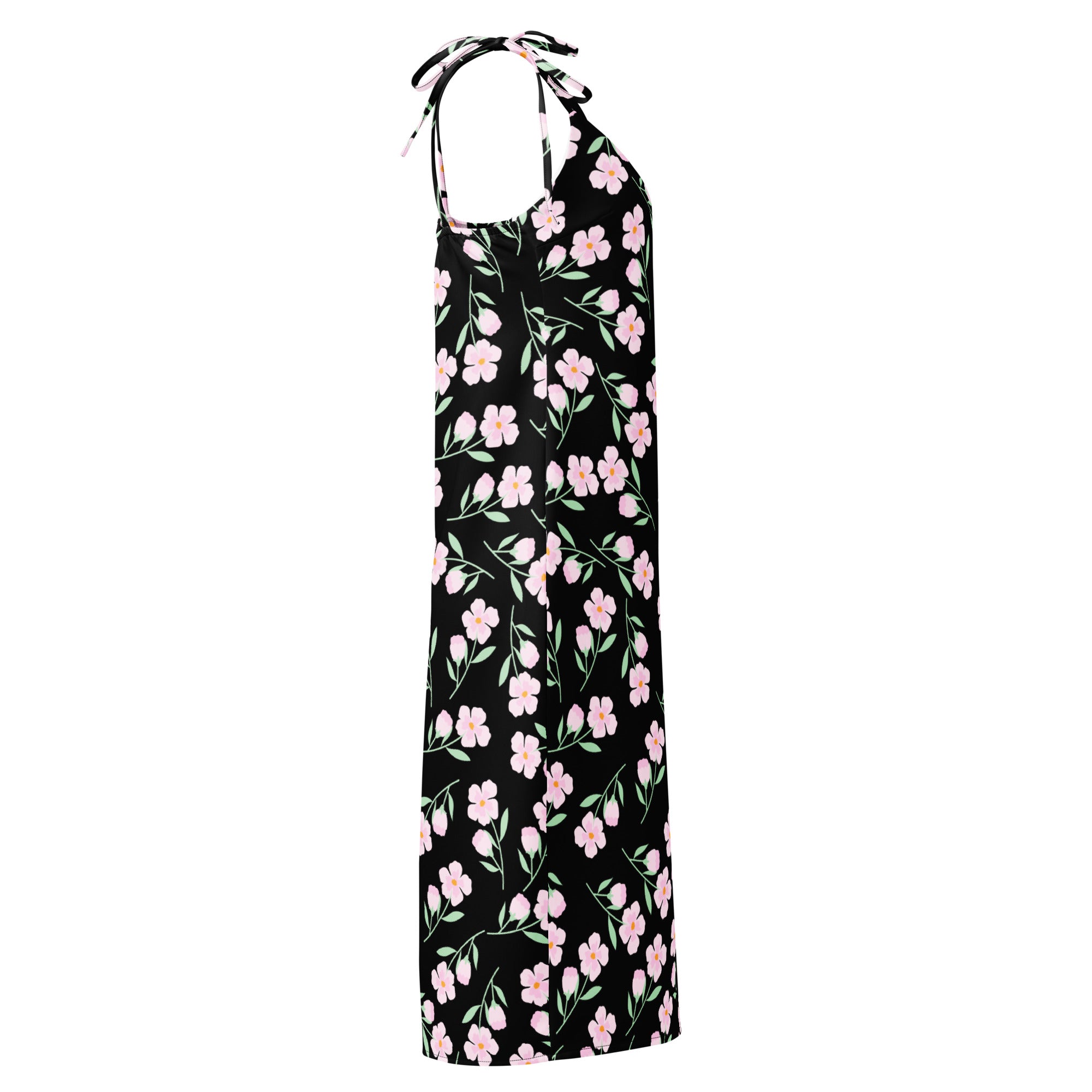 Women’s black floral slip dress midi dress with adjustable tie straps and built in bra in pink floral pattern