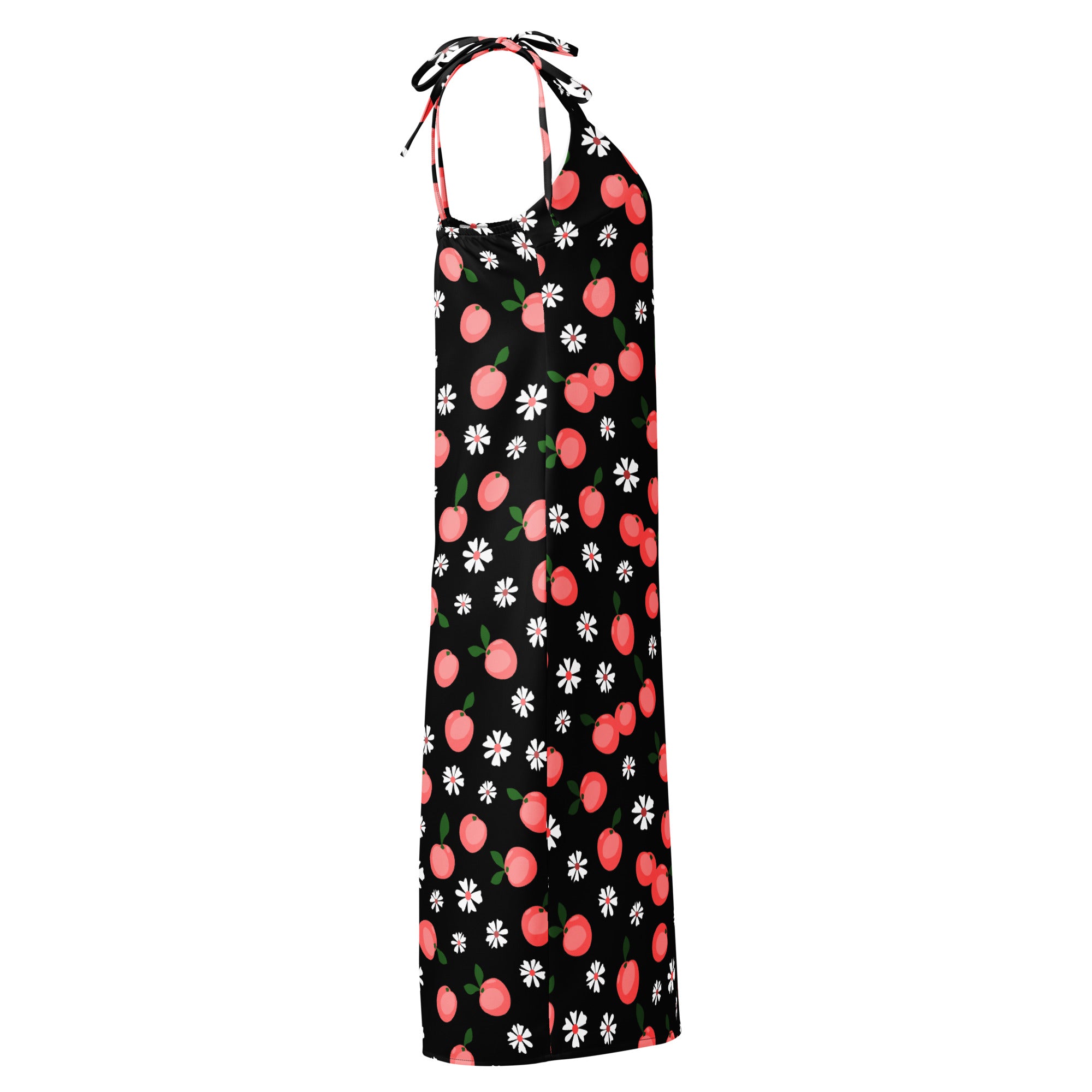 Women’s peach print slip midi dress in black with halter neck and pink cherry white daisy pattern and adjustable tie straps