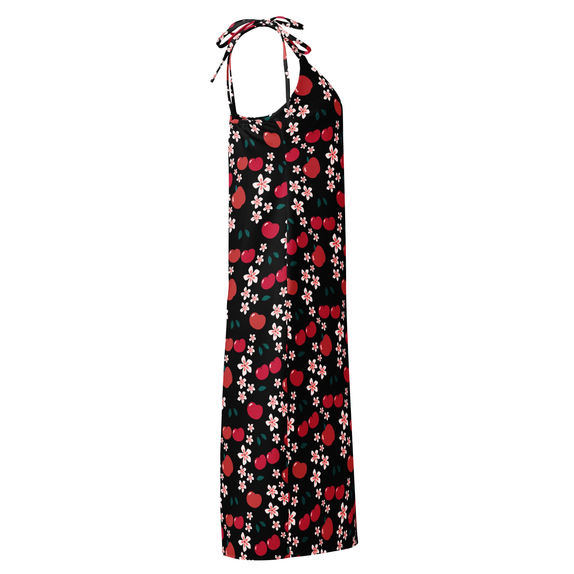 Women’s black halter neck maxi dress with vibrant red cherries and pink blossoms featuring adjustable tie straps