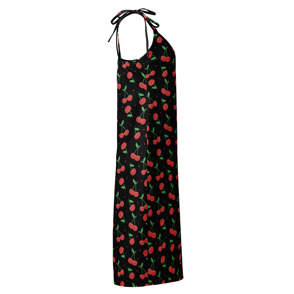 Women’s black cherry print slip dress midi with adjustable tie straps and built in bra featuring vibrant red cherry pattern