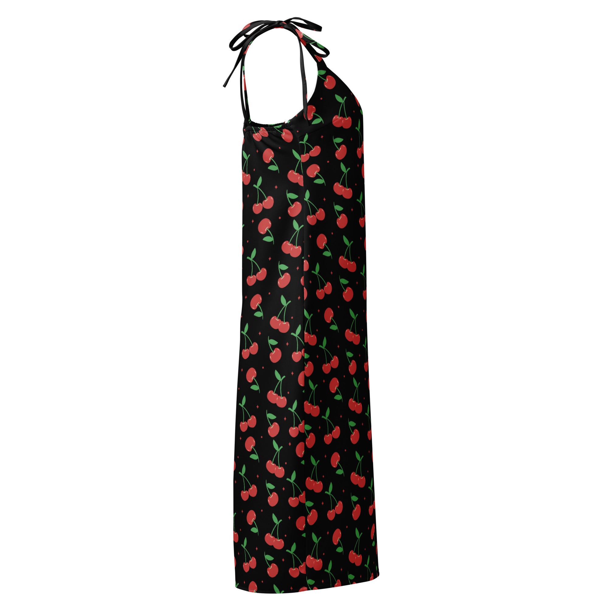 Women’s black cherry print slip dress midi with adjustable tie straps and built in bra featuring vibrant red cherry pattern