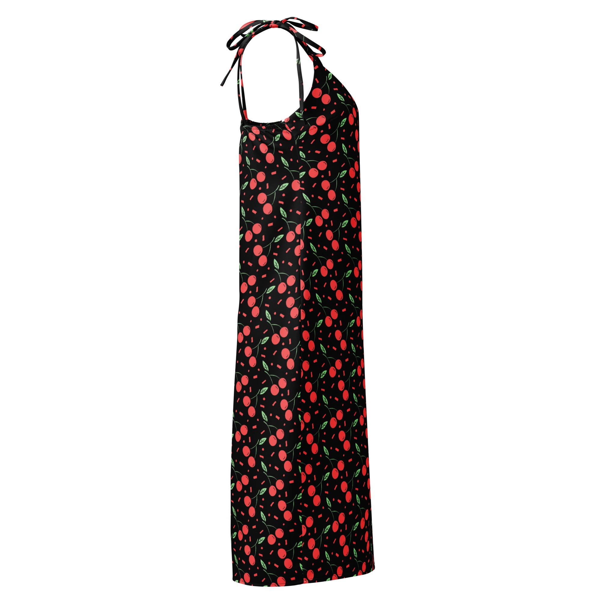 Women’s black halter neck maxi dress with vibrant red cherry and green leaf pattern and adjustable tie straps