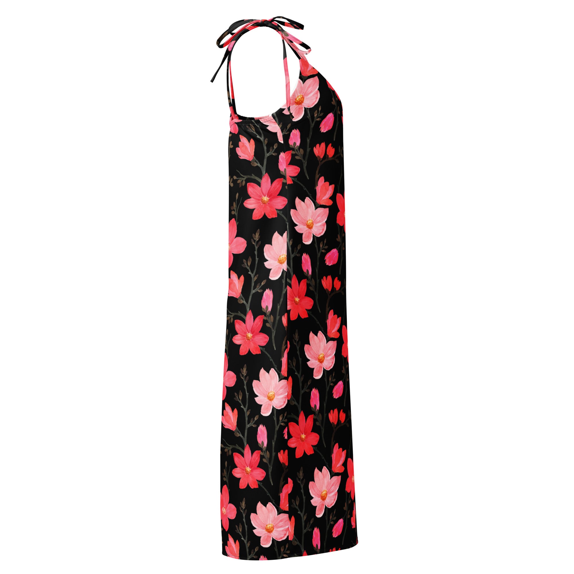 A black halter neck maxi dress with vibrant pink and red floral pattern featuring adjustable tie straps and built in bra