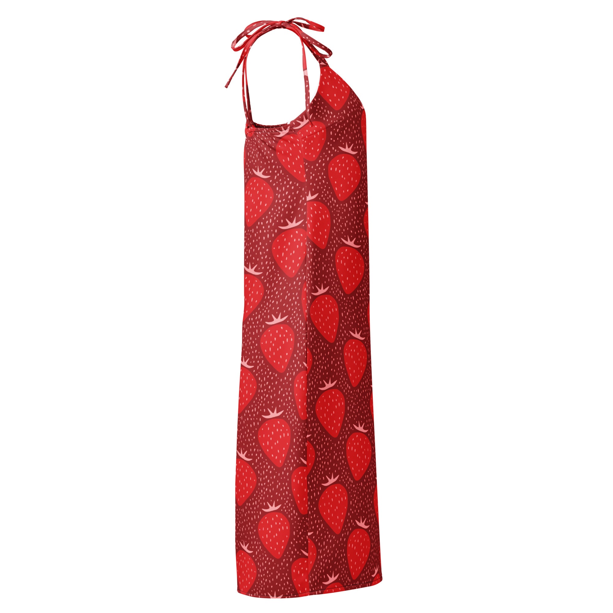 Women’s red strawberry slip dress midi dress with adjustable tie straps and built-in bra on dotted background