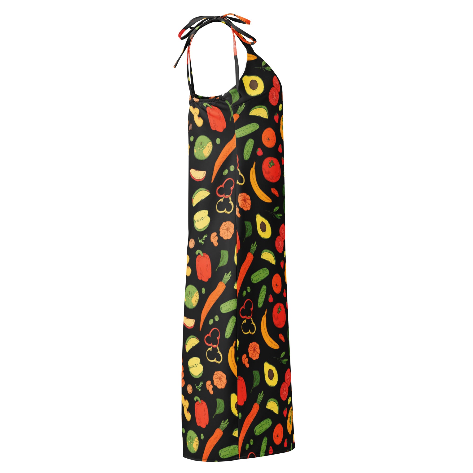 Women’s black halter neck midi slip dress with vibrant vegetable and fruit pattern adjustable tie straps and built in bra