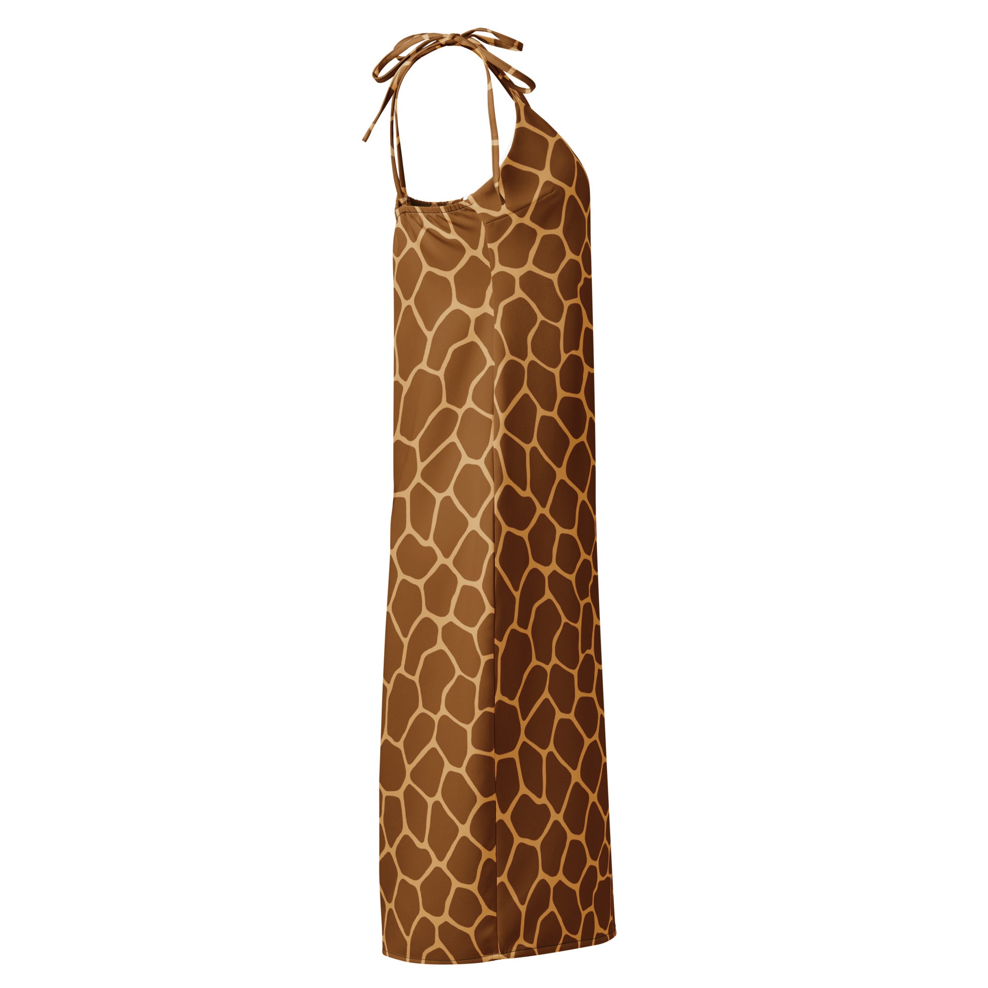 Women’s giraffe print slip dress midi with adjustable tie straps made of smooth brown and tan fabric