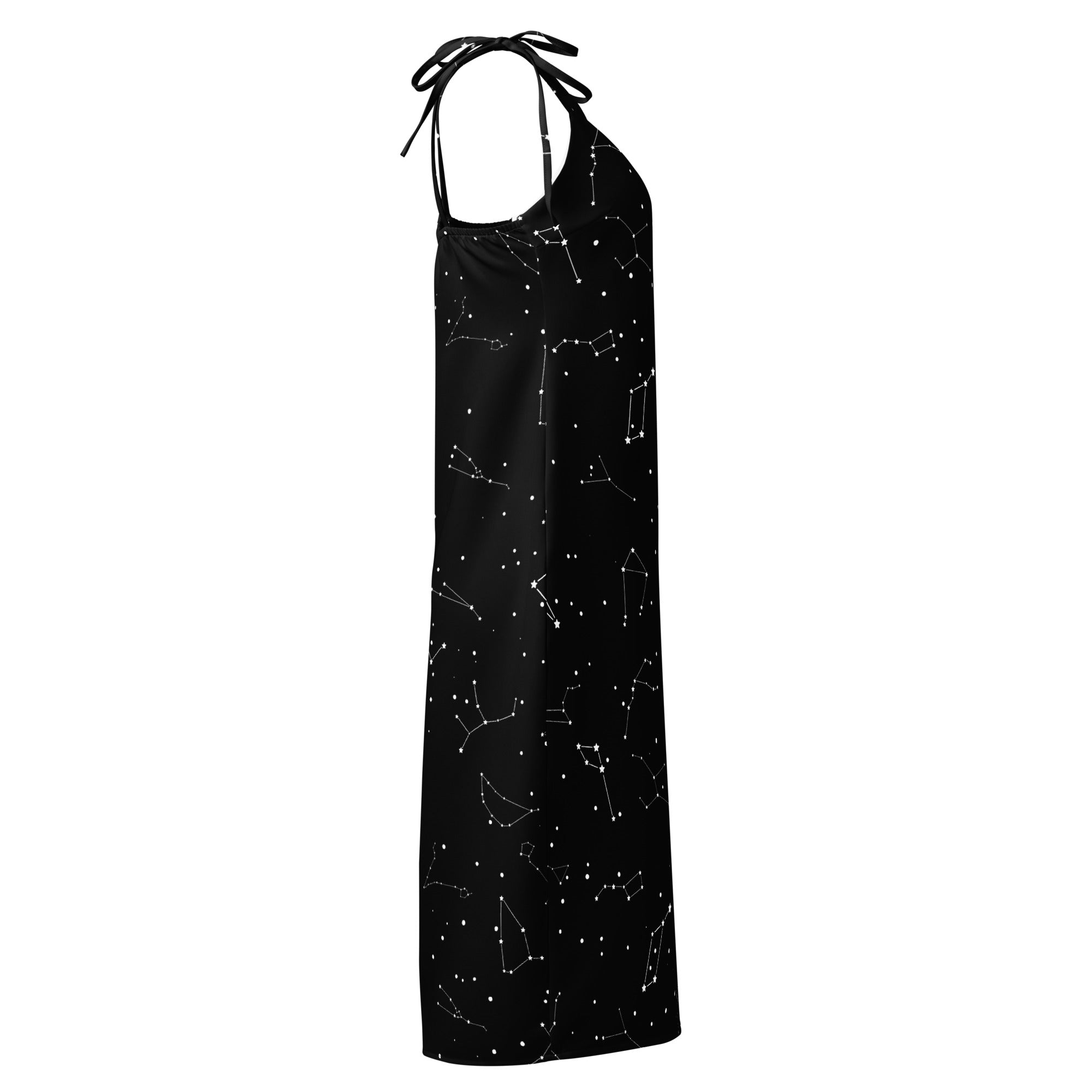 Black halter-neck maxi dress with white constellation print and adjustable tie-back straps shown from the back