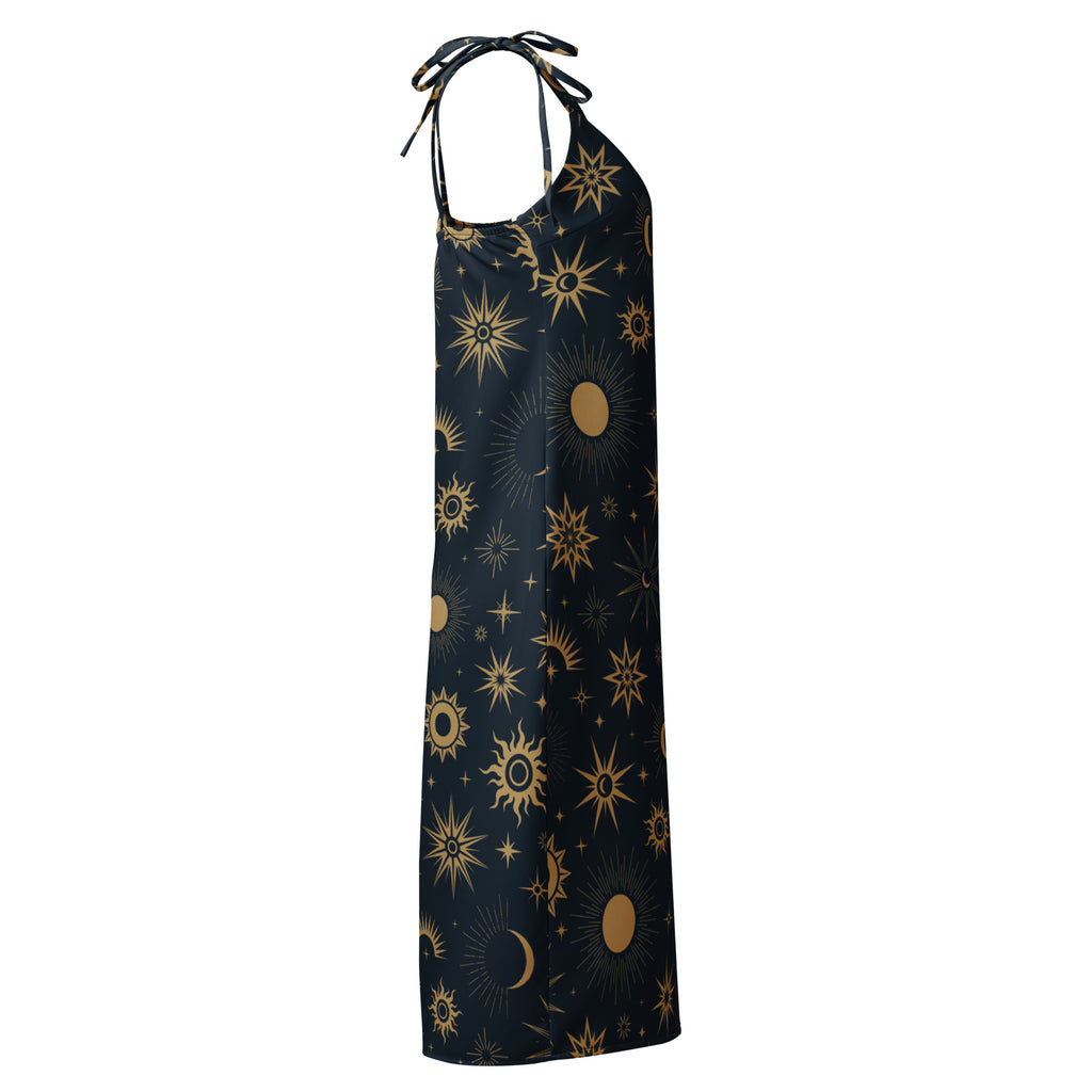 Women's Celestial Sun & Moon Slip Dress - Midi Dress With Adjustable Tie Straps & Built In Bra 
