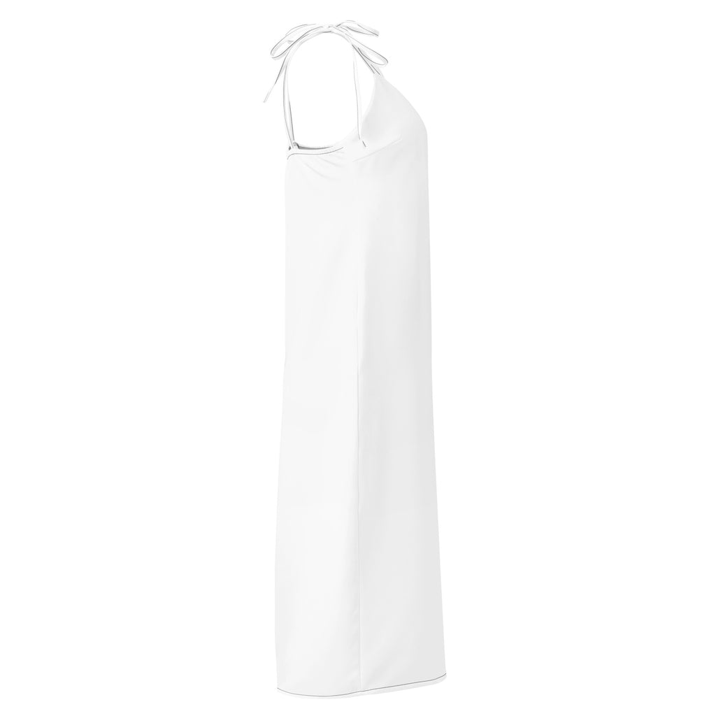 A sleek minimalist white halter neck midi slip dress with adjustable tie straps and built in bra