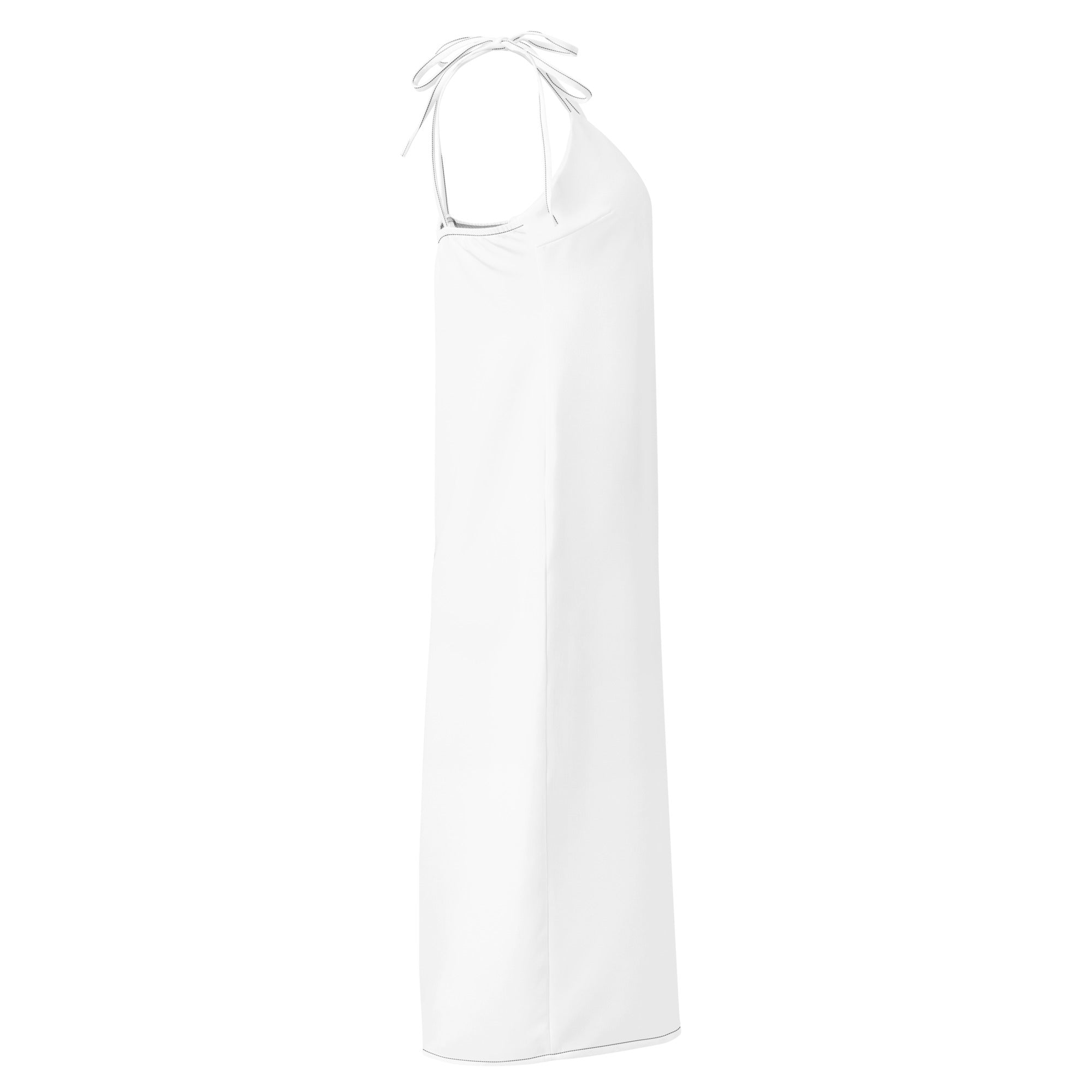 A sleek minimalist white halter neck midi slip dress with adjustable tie straps and built in bra