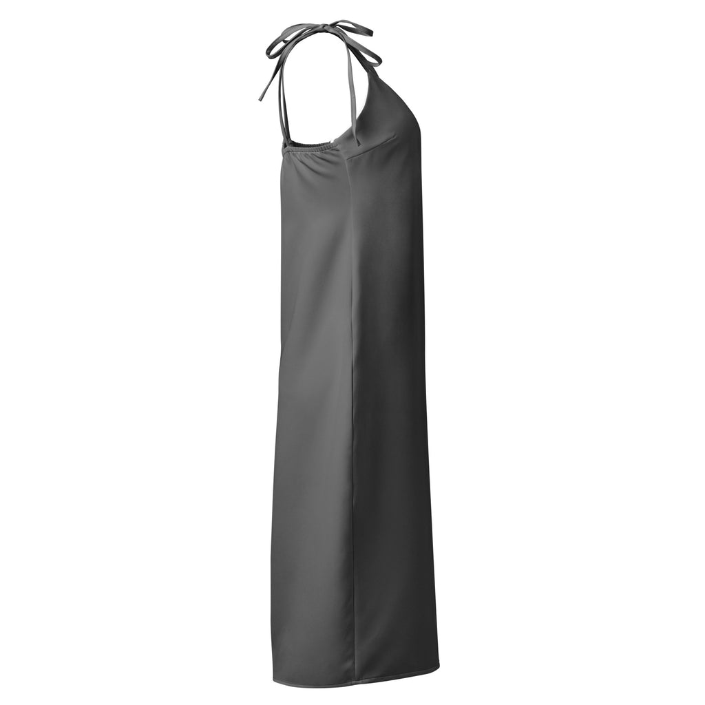Women's Gray Slip Dress - Midi Dress With Adjustable Tie Straps & Built In Bra 