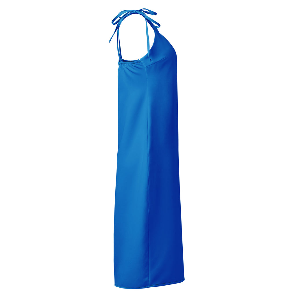 Women's blue slip midi dress by Bouvelle with adjustable tie straps and built-in bra.