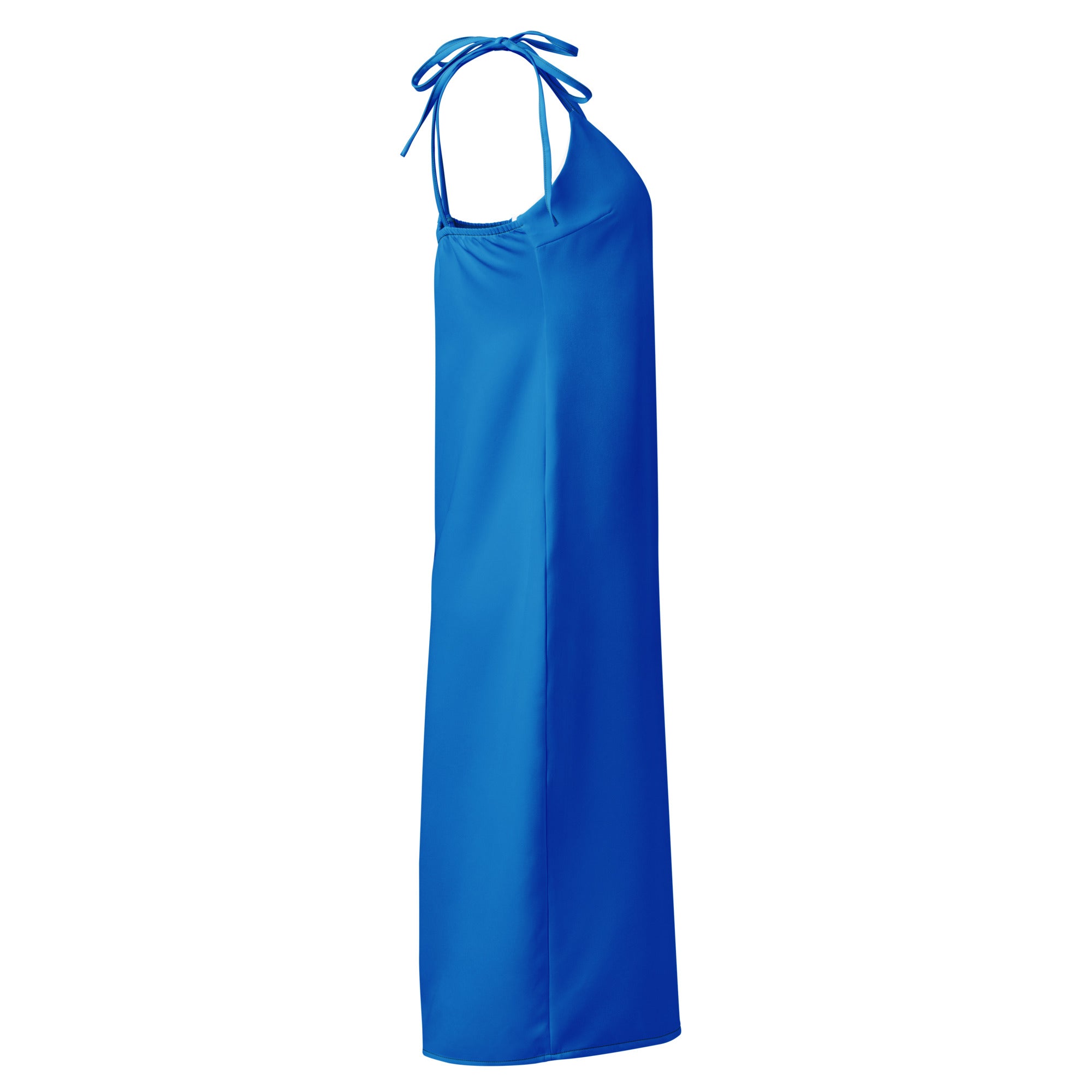 Women's blue slip midi dress by Bouvelle with adjustable tie straps and built-in bra.