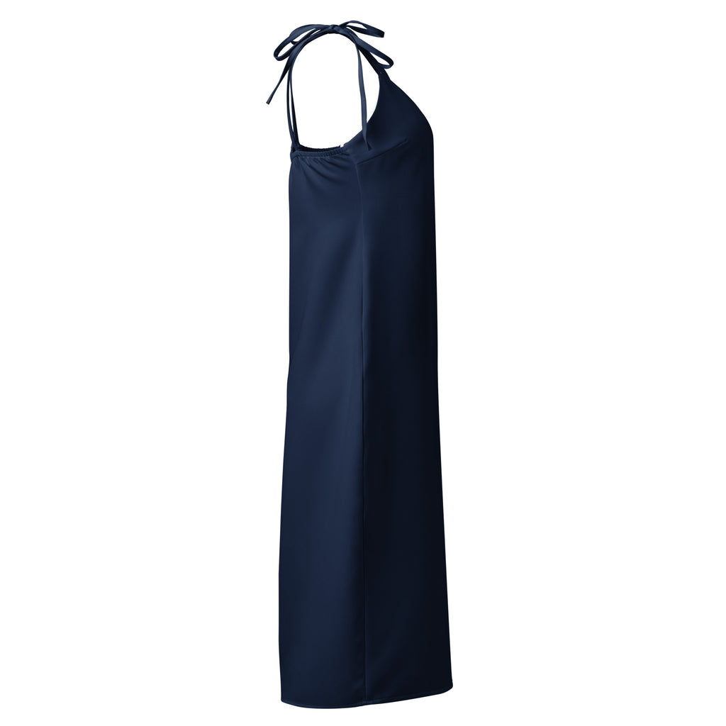 Navy blue slip dress, midi length with adjustable tie straps and built-in bra.