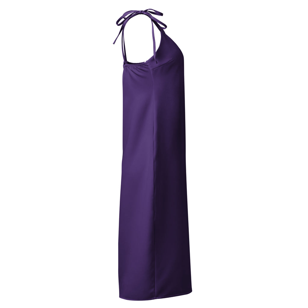 Purple halter neck dress on a white background