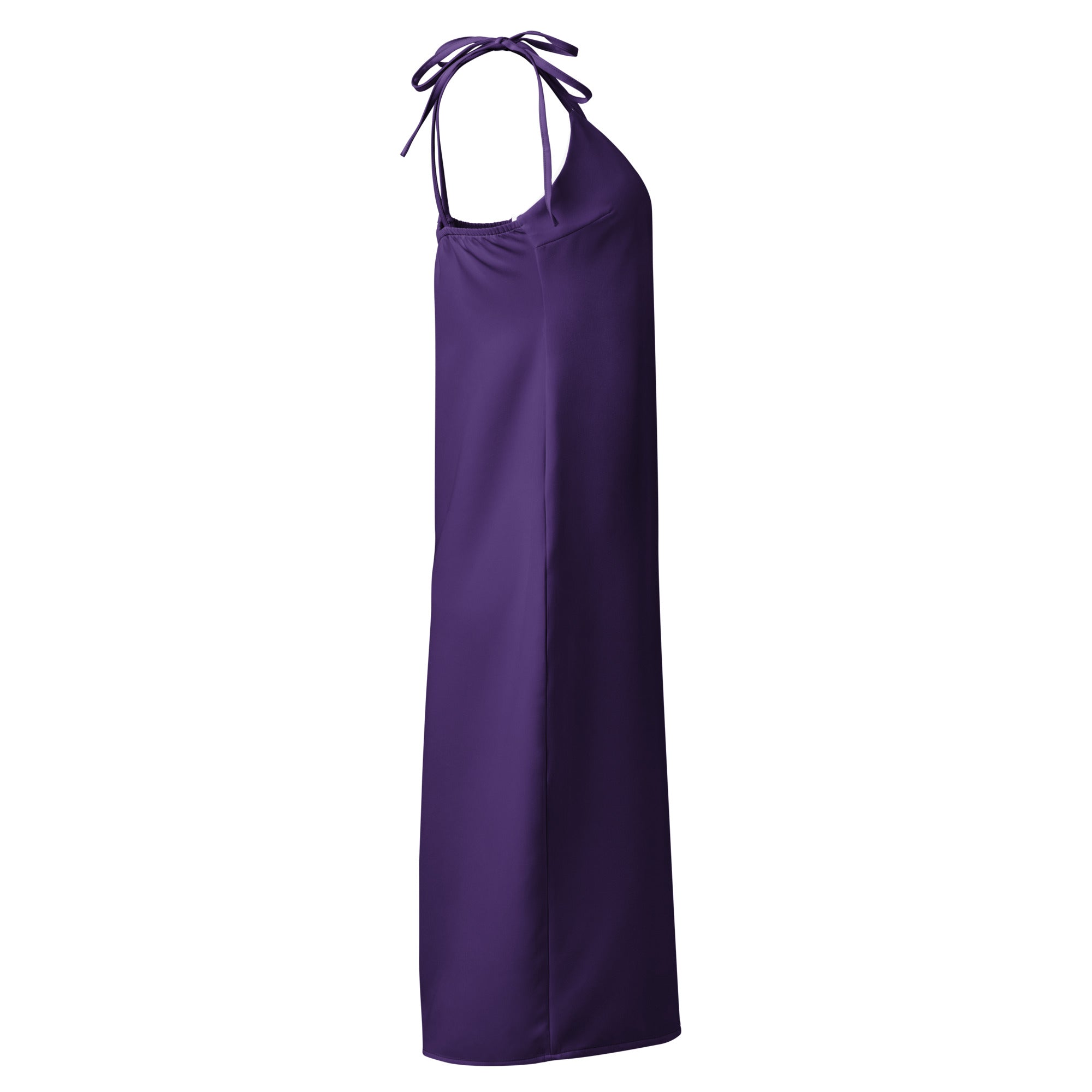 Purple halter neck dress on a white background