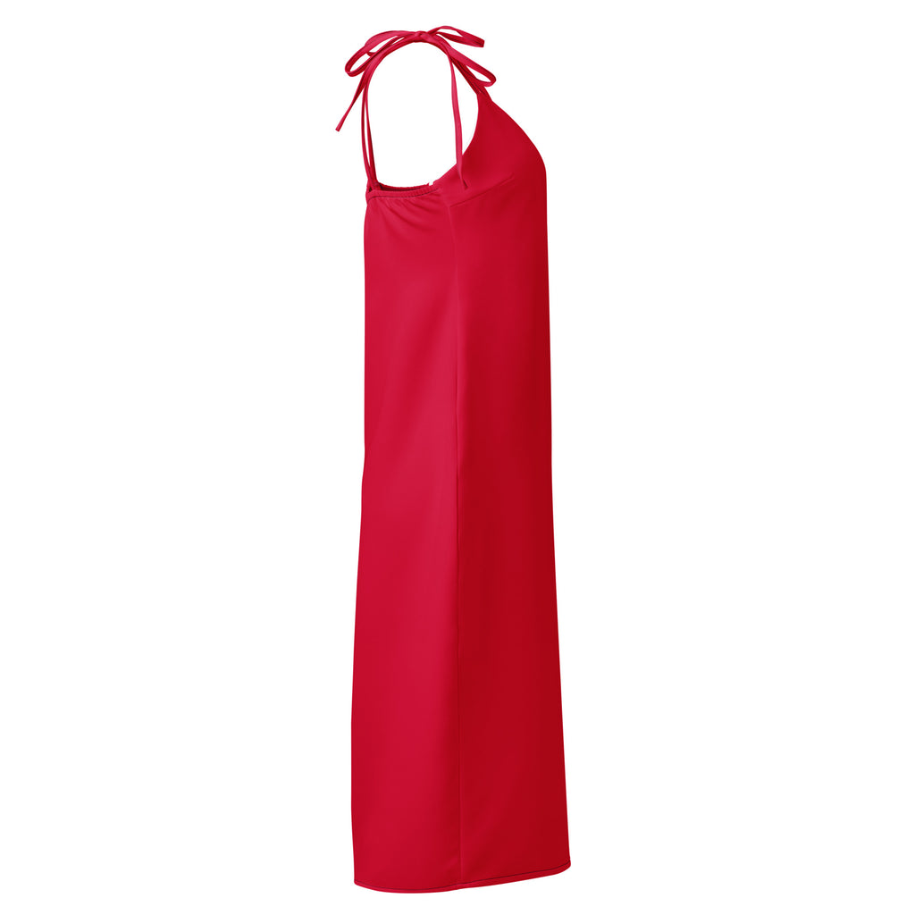 Red halter neck dress on a white background