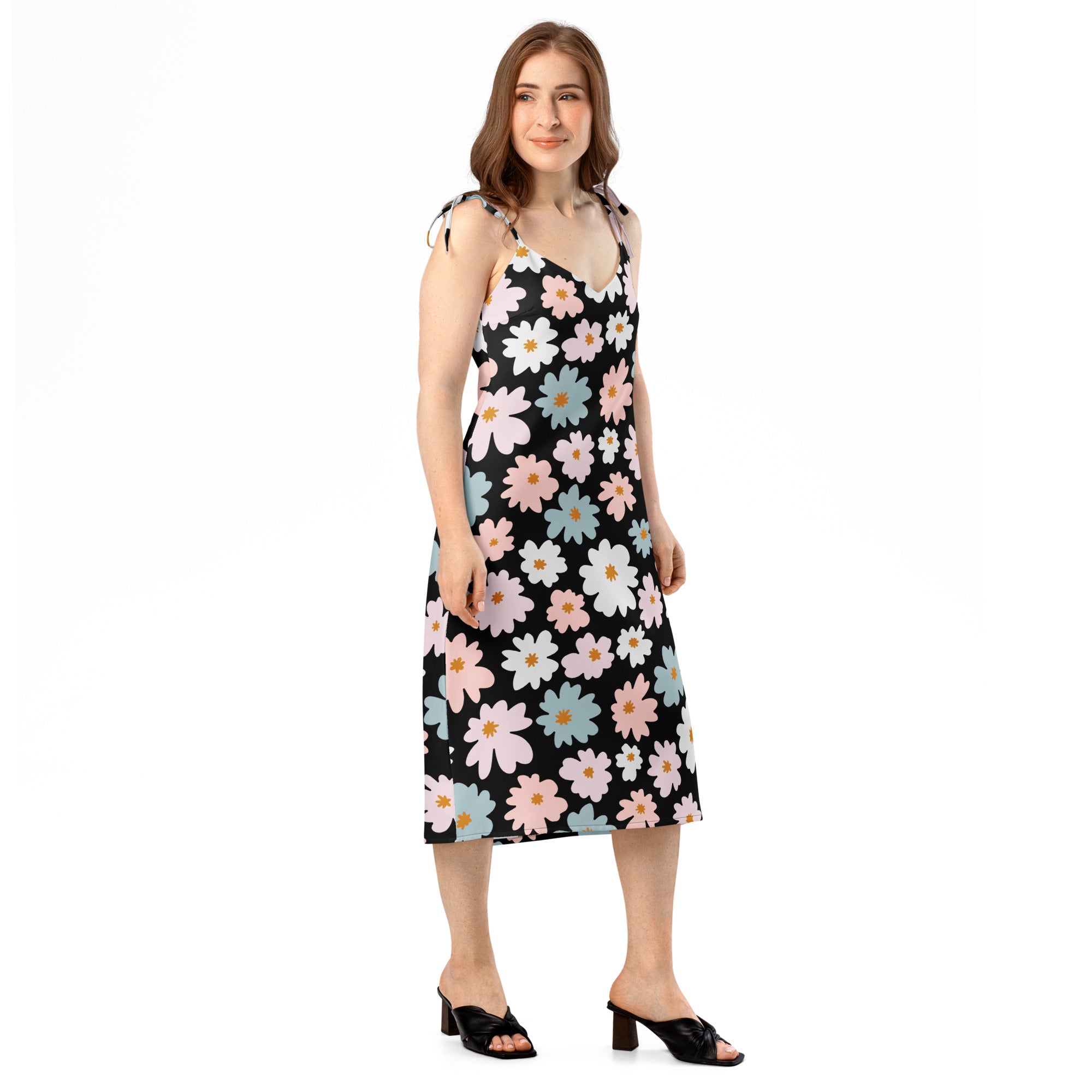 Women’s retro floral slip midi dress in black with adjustable tie straps built in bra and pink white blue daisies pattern