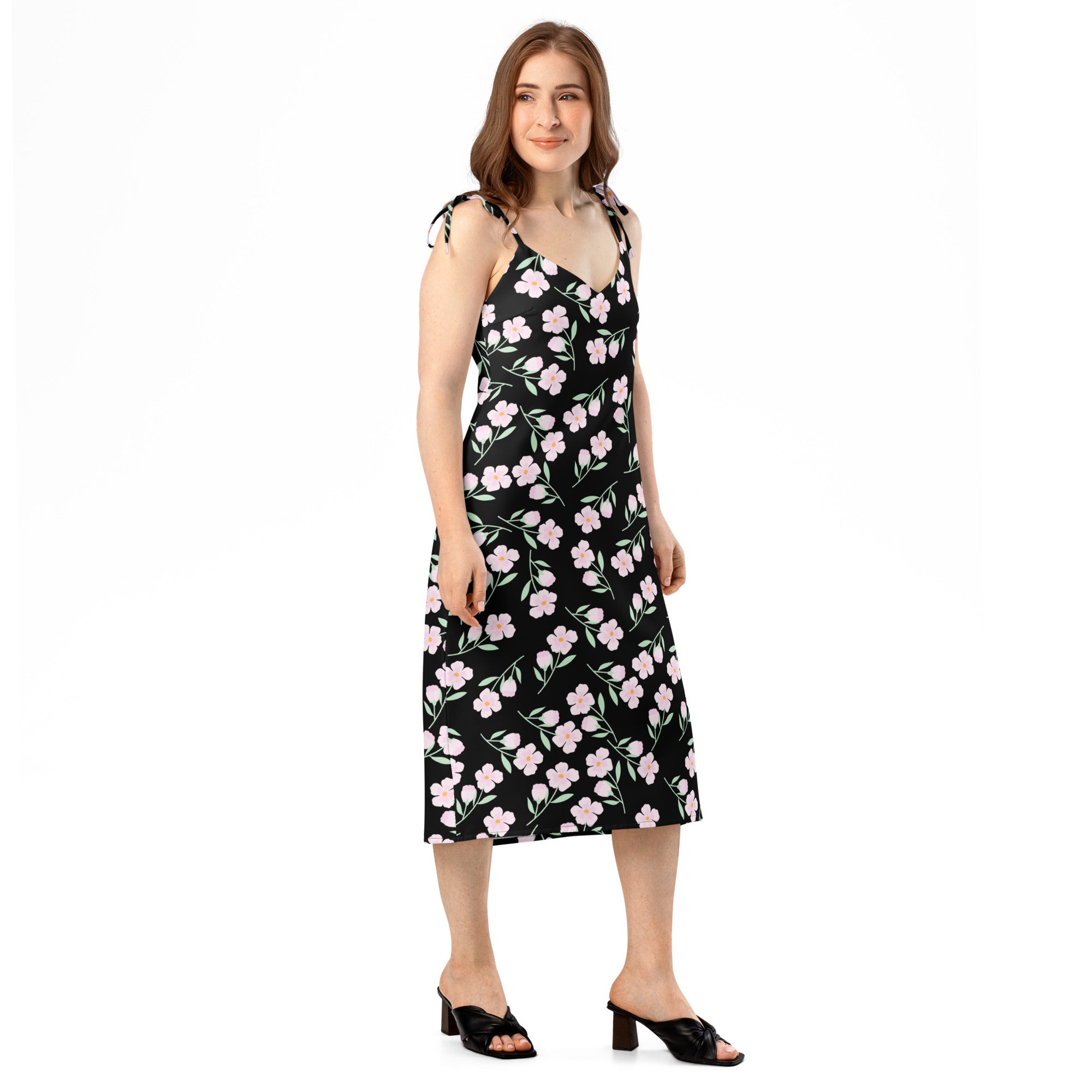 Women’s black floral slip midi dress with pink blossoms green stems adjustable tie straps and built in bra