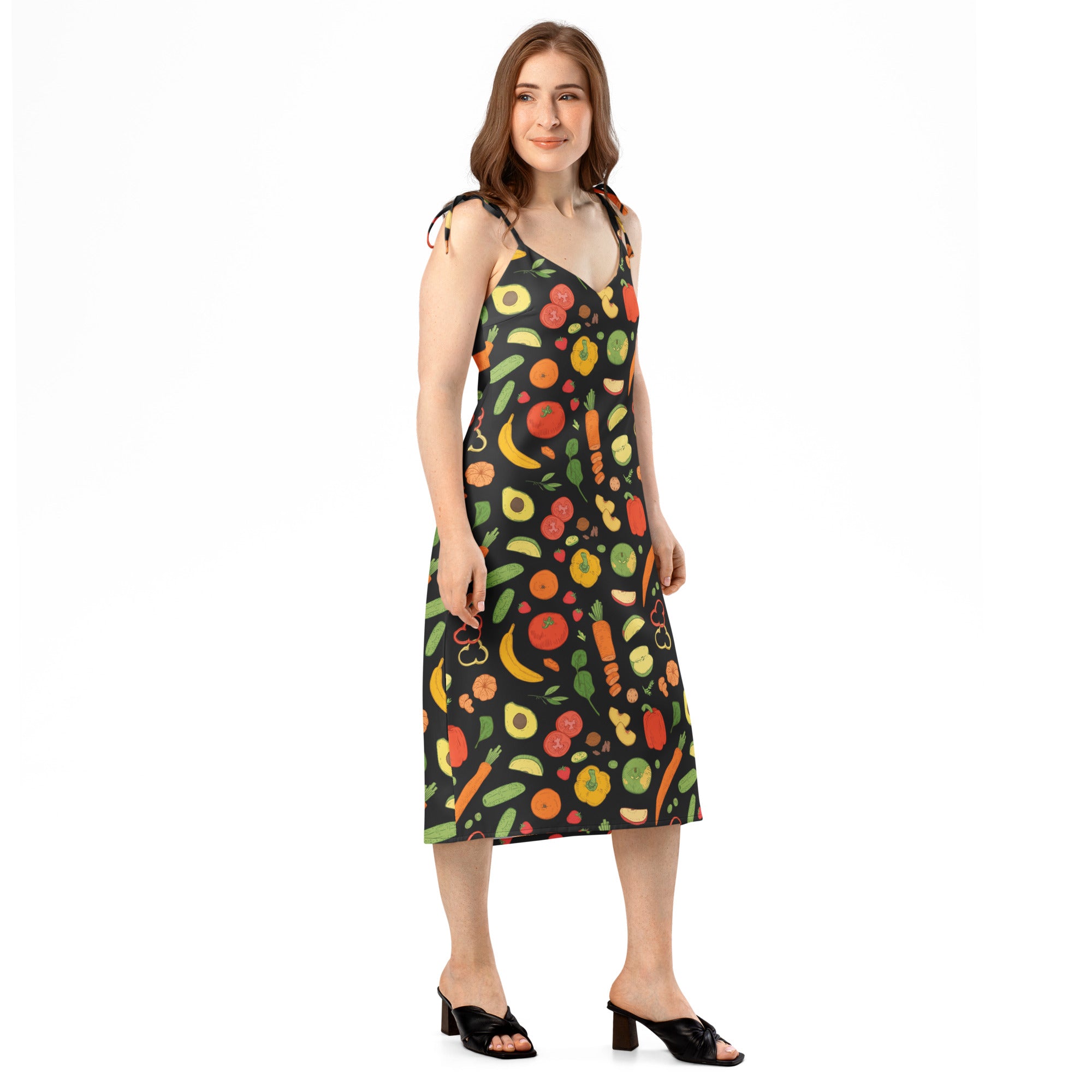 Women’s black midi slip dress with colorful fruit and vegetable print adjustable tie straps and built in bra