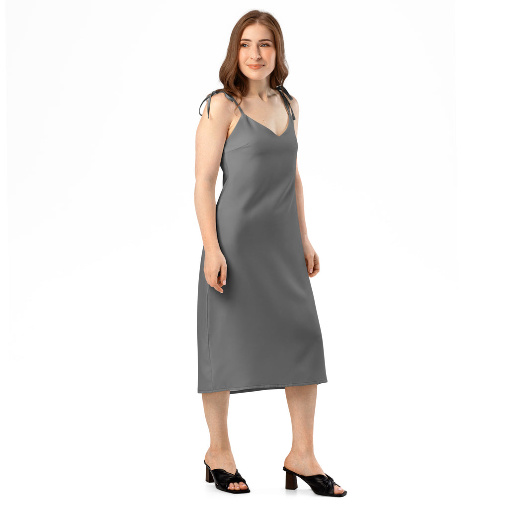 Women's Gray Slip Dress - Midi Dress With Adjustable Tie Straps & Built In Bra 