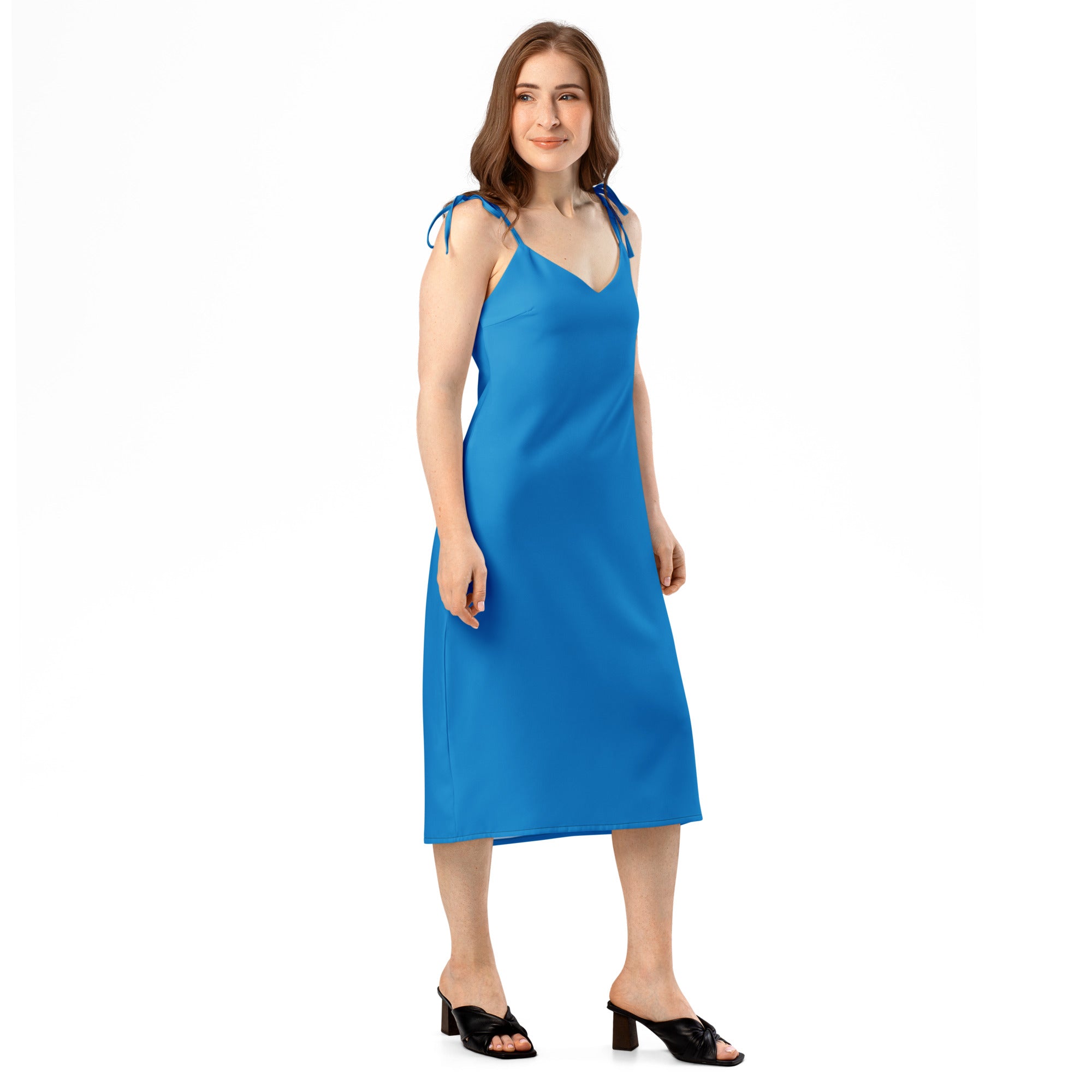 Bouvelle women's blue slip dress, midi length with adjustable tie straps and built-in bra