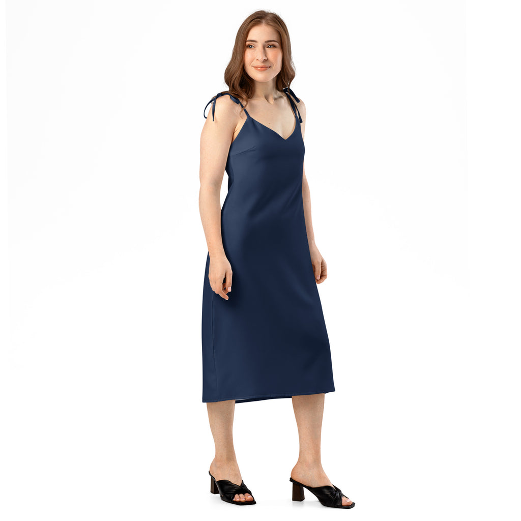 Bouvelle women's navy slip dress, midi length with adjustable tie straps and built-in bra