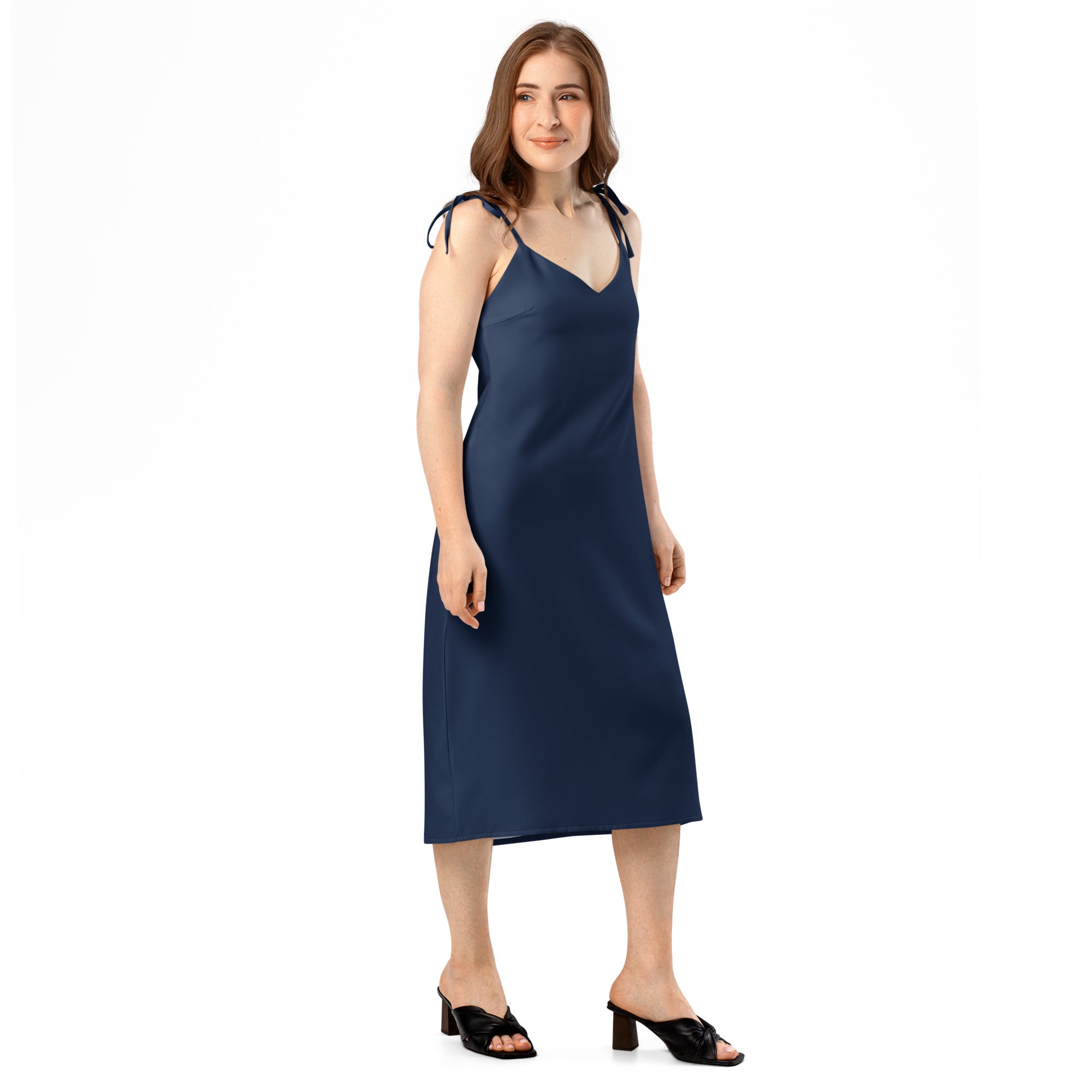 Bouvelle women's navy slip dress, midi length with adjustable tie straps and built-in bra