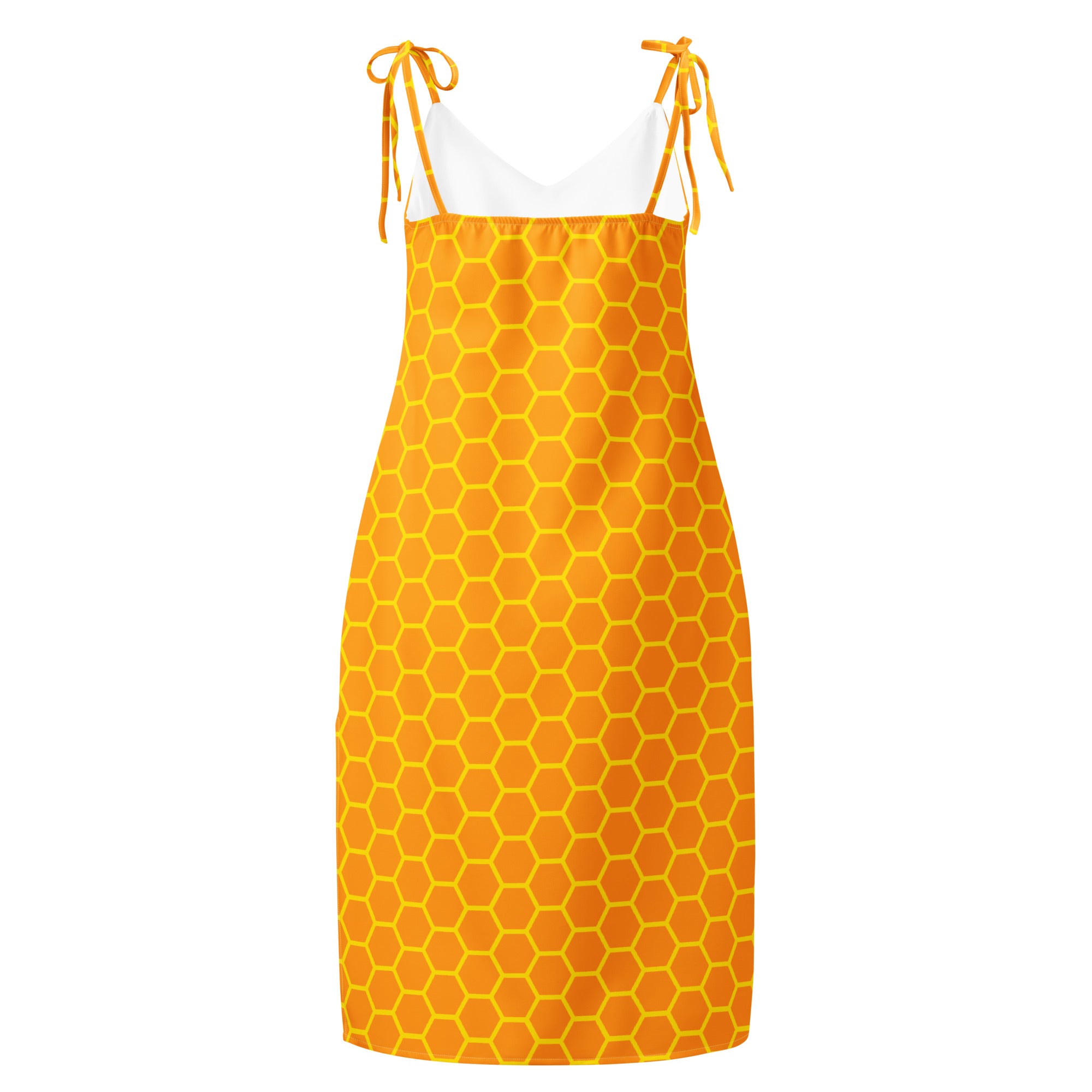 Women’s vibrant orange honeycomb-patterned sleeveless dress with adjustable tie straps and built-in bra midi slip dress