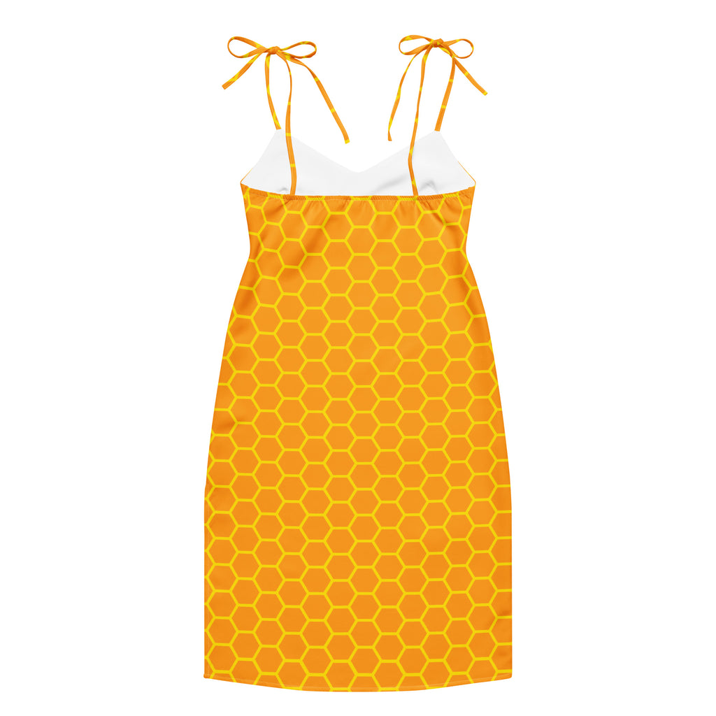 Women’s vibrant orange honeycomb-patterned sundress with thin tie straps and white inner lining midi dress