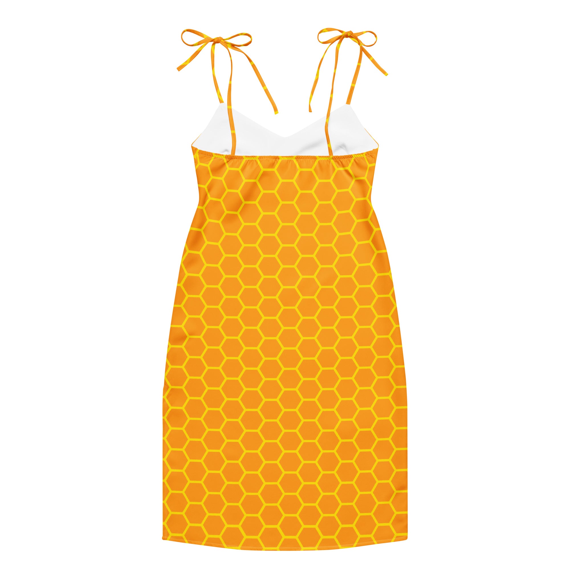 Women’s vibrant orange honeycomb-patterned sundress with thin tie straps and white inner lining midi dress