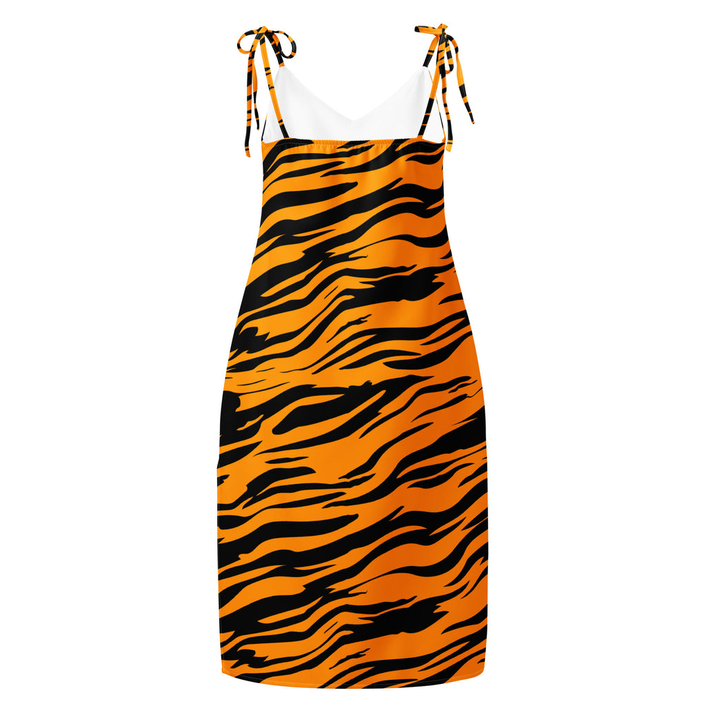 Women’s tiger stripe slip dress in vibrant orange and black with adjustable tied shoulder straps and built-in bra