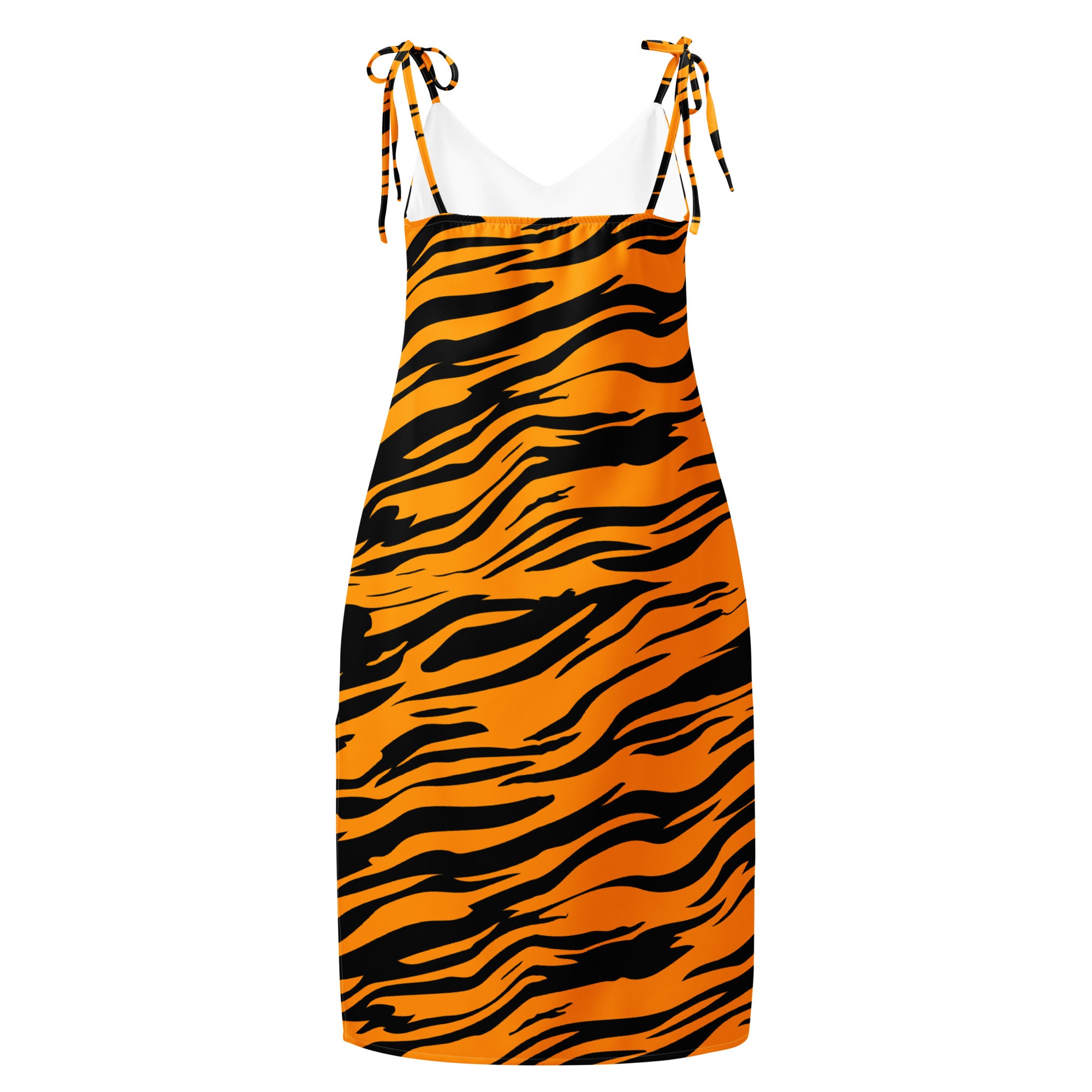 Women’s tiger stripe slip dress in vibrant orange and black with adjustable tied shoulder straps and built-in bra