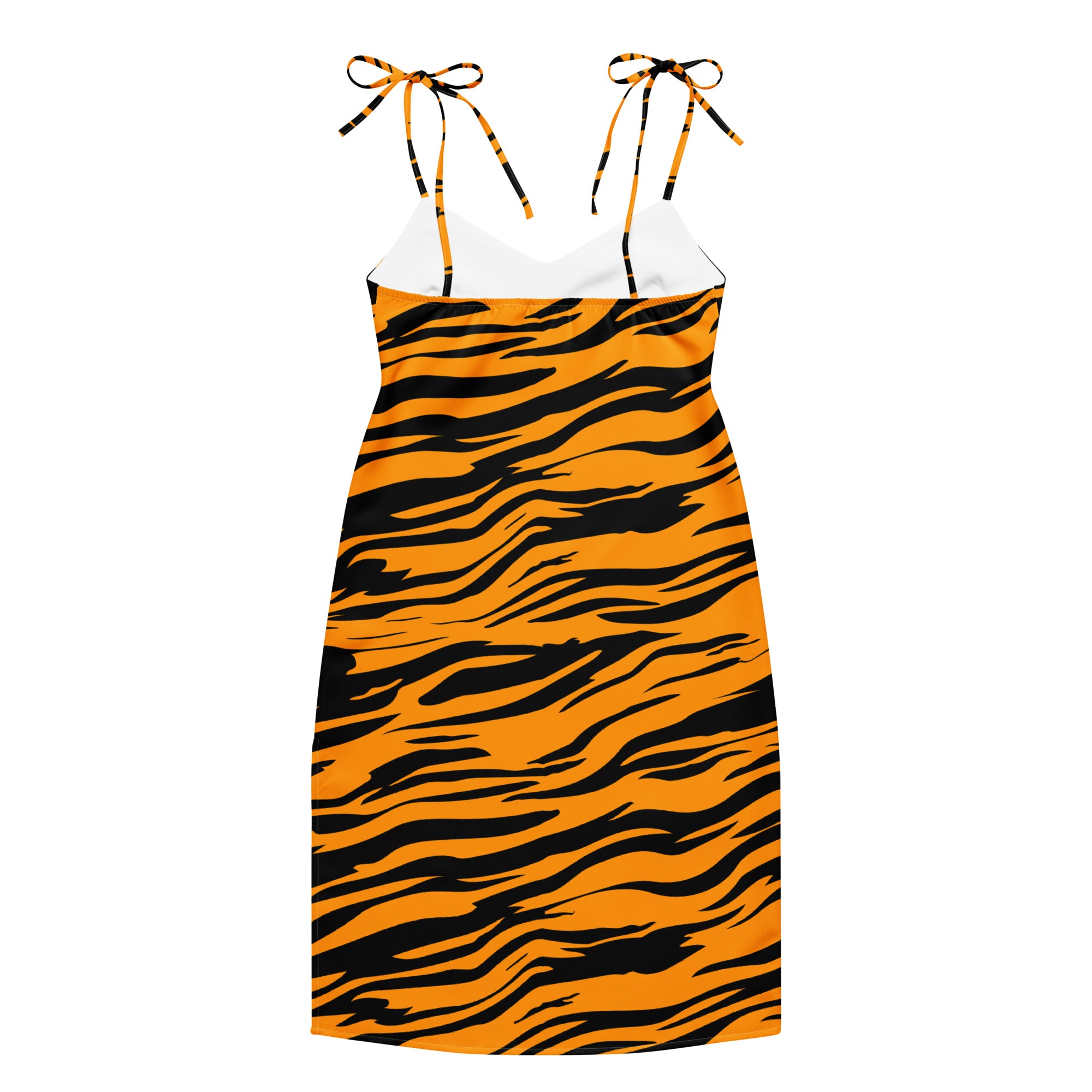 Women’s midi tiger stripe slip dress in vibrant orange and black with adjustable tie-back spaghetti straps and built-in bra
