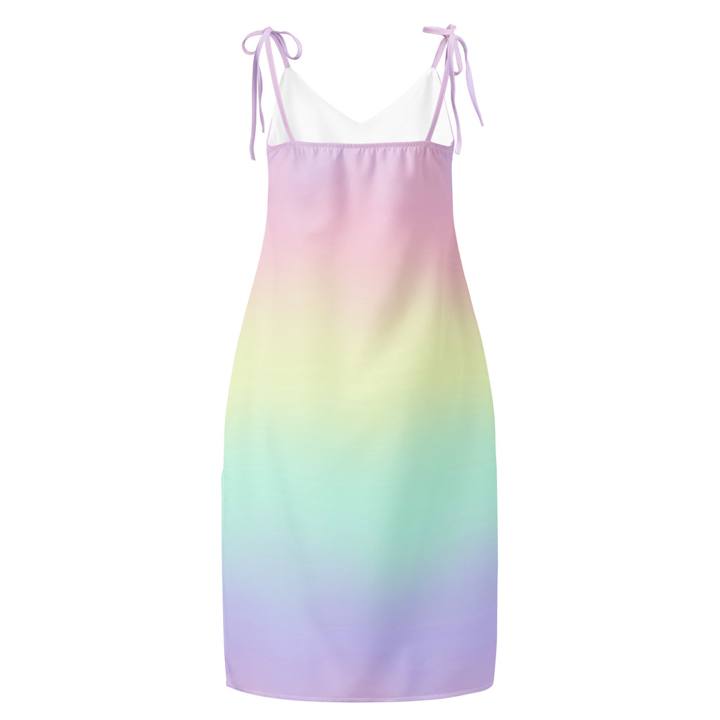Women’s pastel rainbow gradient slip midi dress with adjustable tie-back spaghetti straps shown from the back